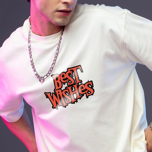 Best Wishes Men's Oversized Off White Graphic Printed Tee