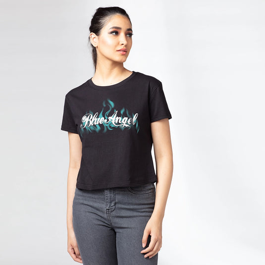 Blue Fire Graphic Printed Black Croptop for Women