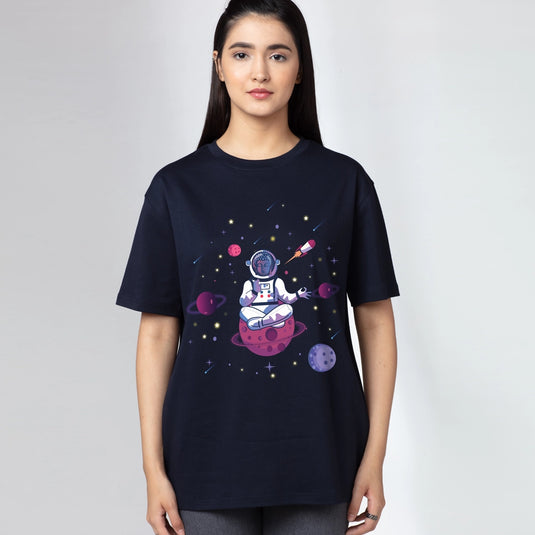 Buddha in Space Oversized Graphic Printed T-Shirt for Women