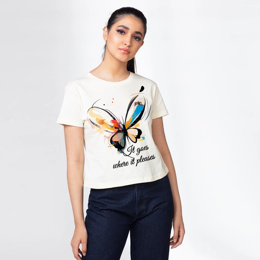 Butterfly Illustration Graphic Printed Croptop for Ladies