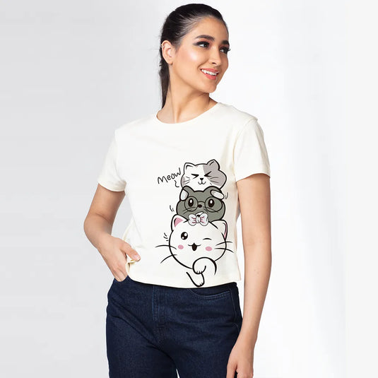 Cute Kitty Cats Graphic Printed Croptop for Women
