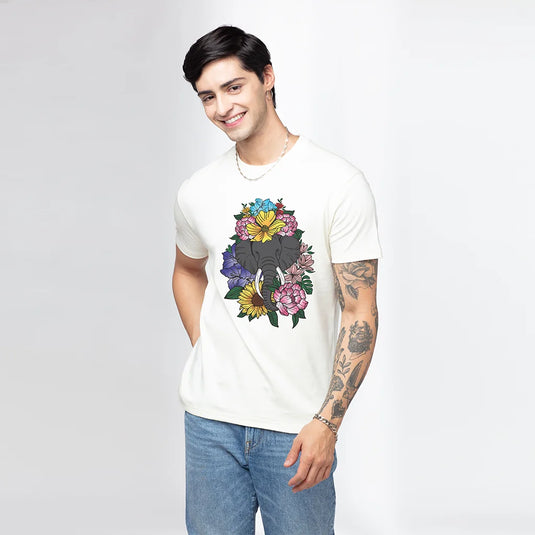 Elephant Beauty Floral Graphic Printed T-Shirts for Men