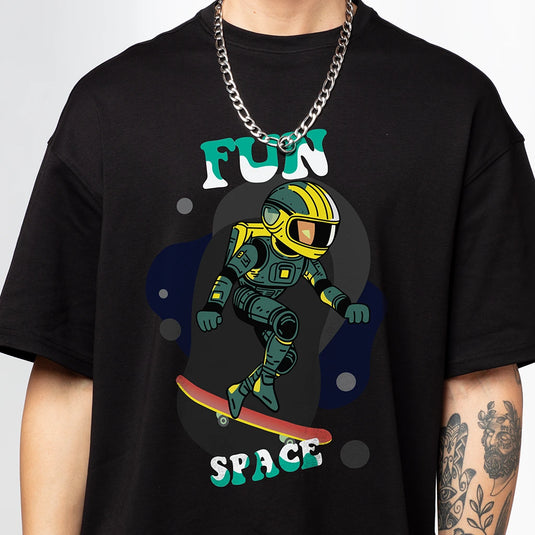 Fun Space Oversized Black Graphic Printed T-Shirt for Men