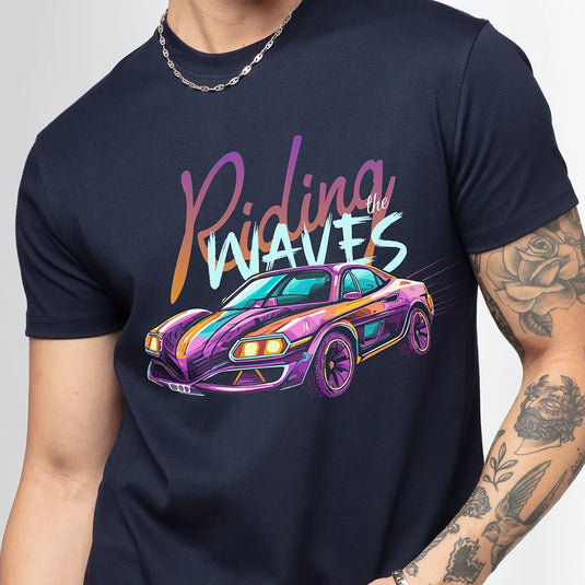 Riding Waves Navy Blue Men's Graphic Printed T-Shirt