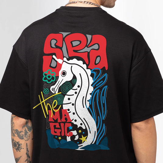 Sea the Magic Black Oversized Printed T-shirt for Men