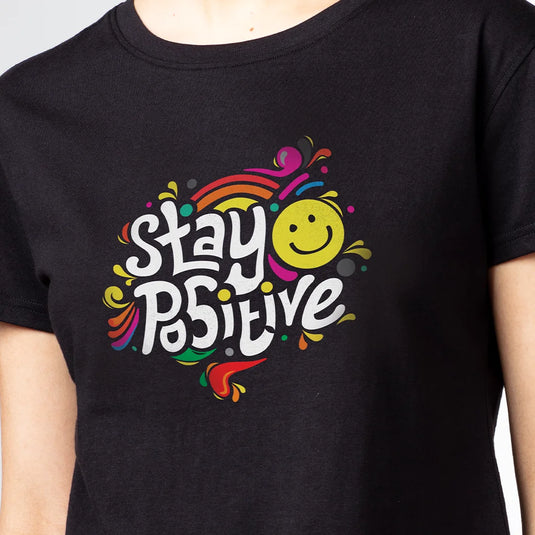 Stay Positive Black Graphic Printed Tops for Women