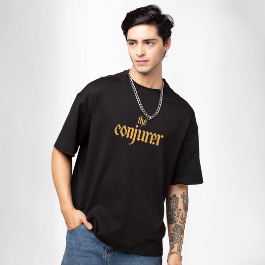 The Conjurer Men's Black Oversized Graphic Printed Tees