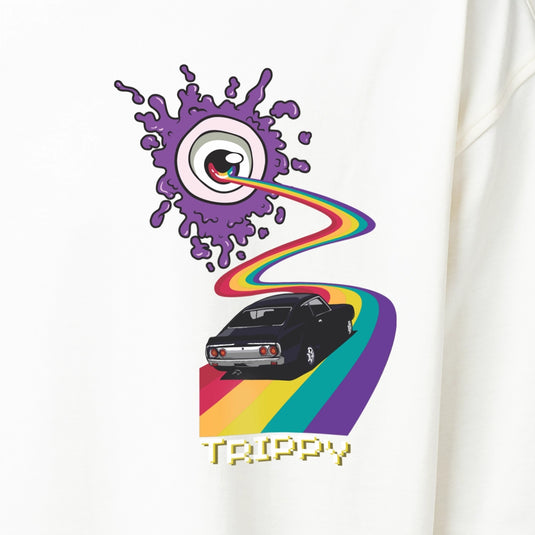 Trippy Car Printed Oversized White T-Shirt for Men