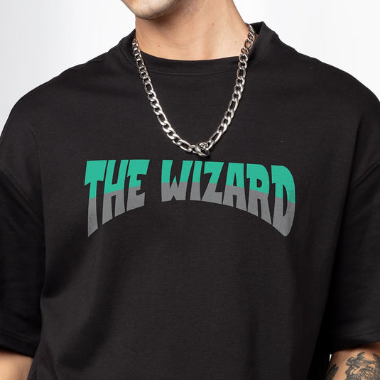 Wizard Black Oversized Graphic Printed Tee for Men