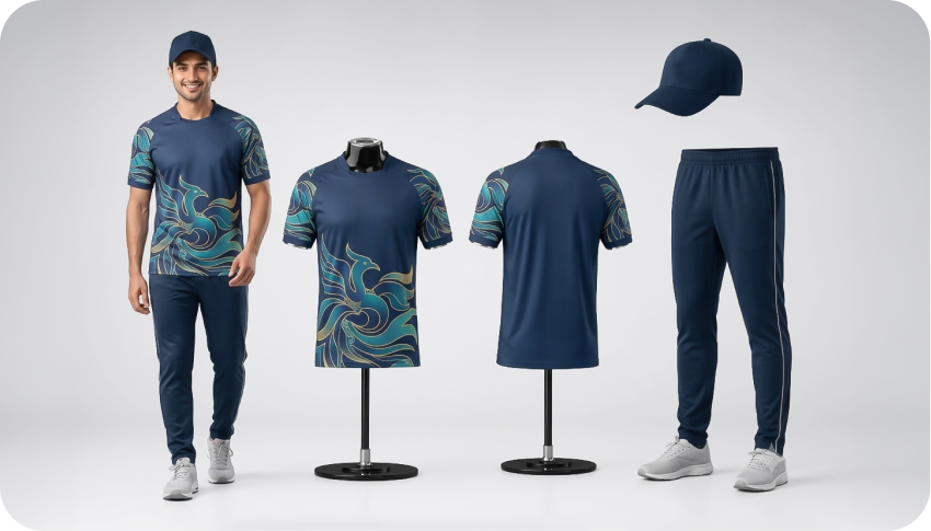 A full team kit shown on a player and mannequins with cap, jersey and track pants