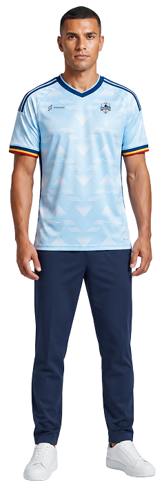 Front view of a custom kit with crest and sponsor print