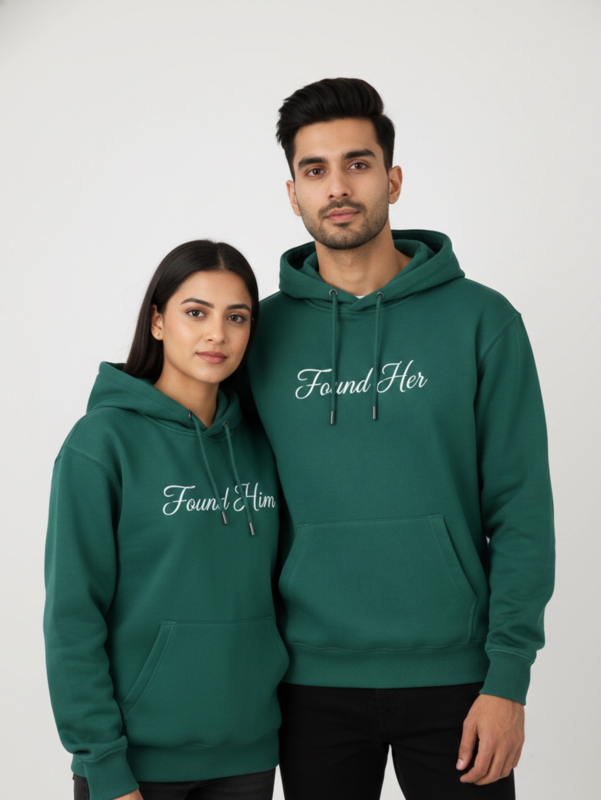 Found Him & Found Her Matching Couple Hoodies - Bottle Green