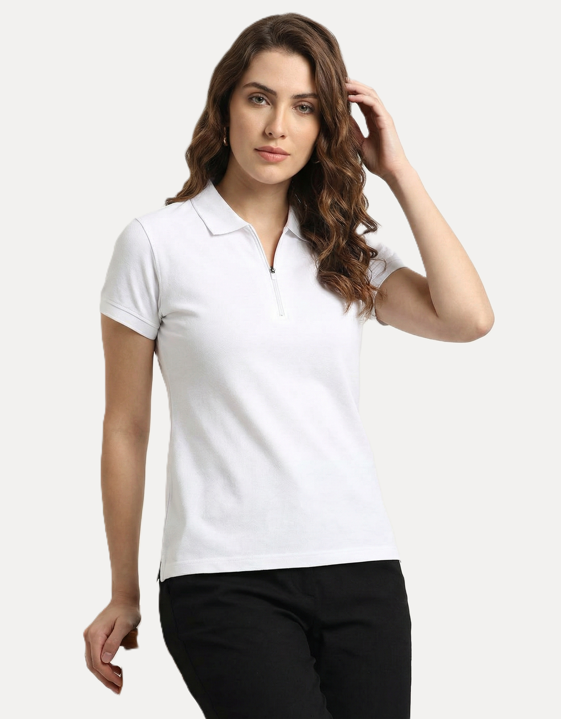 Women Solid Zipper Polo