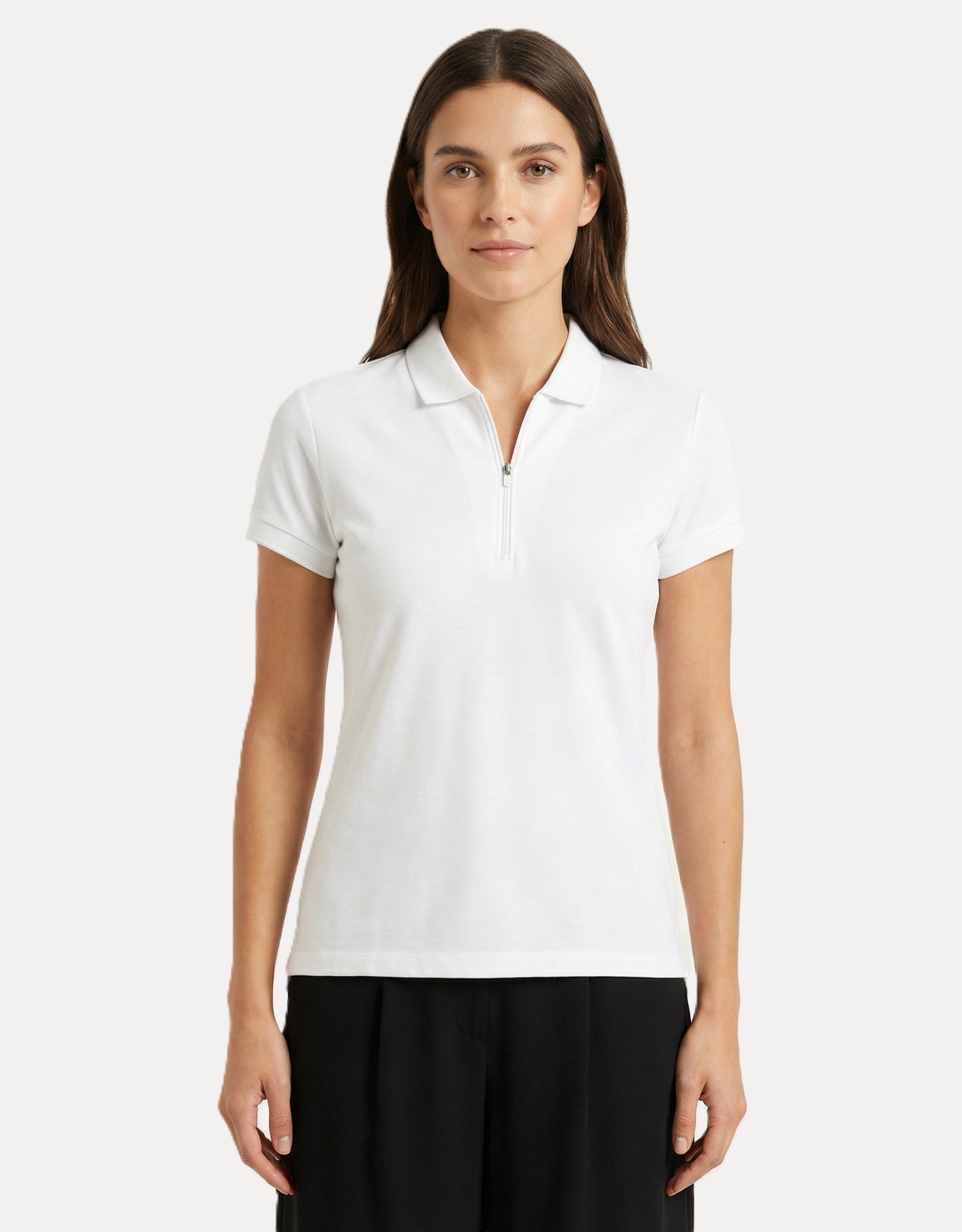 Women Solid Zipper Polo