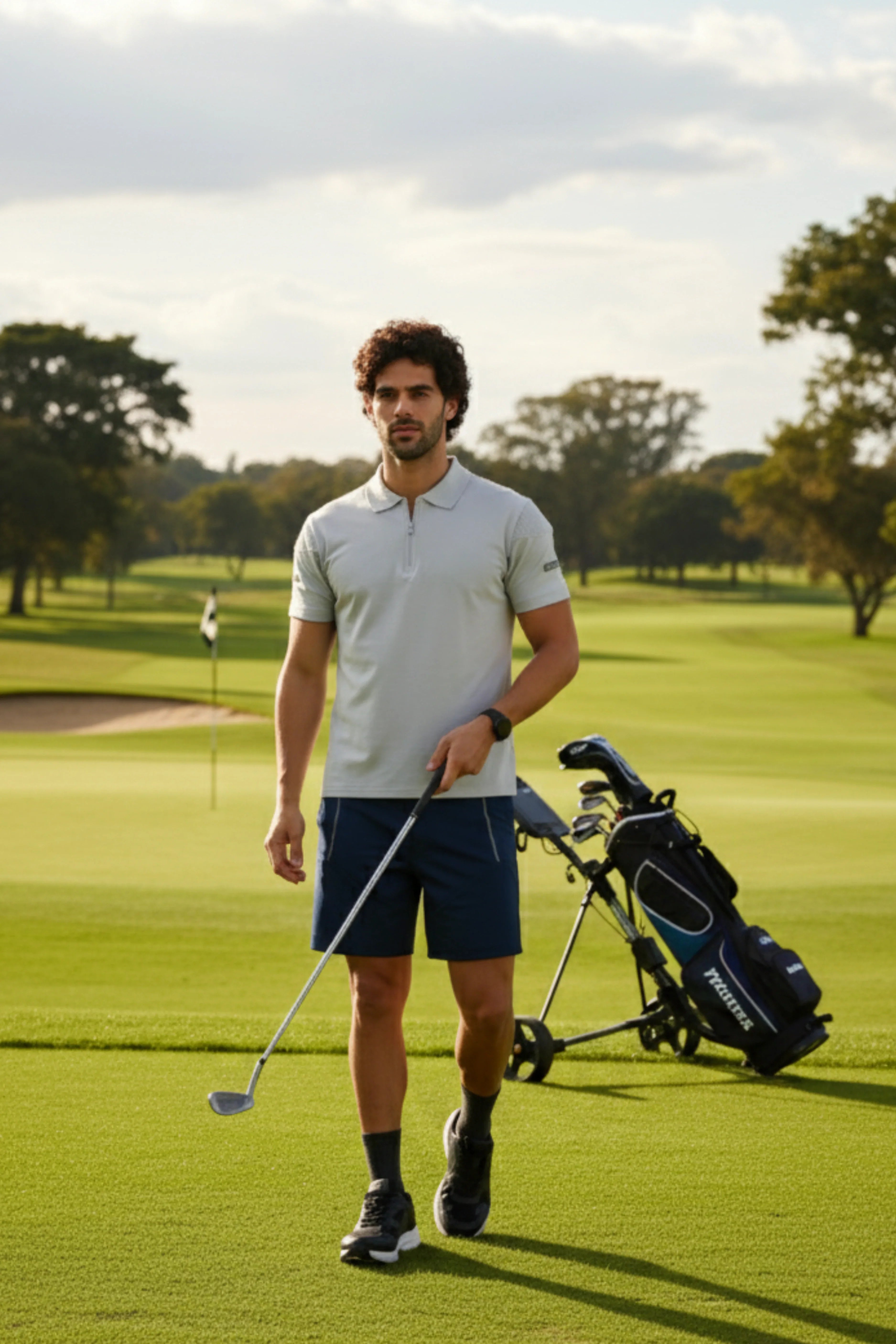A man wearing  polo T-shirt on a golf course