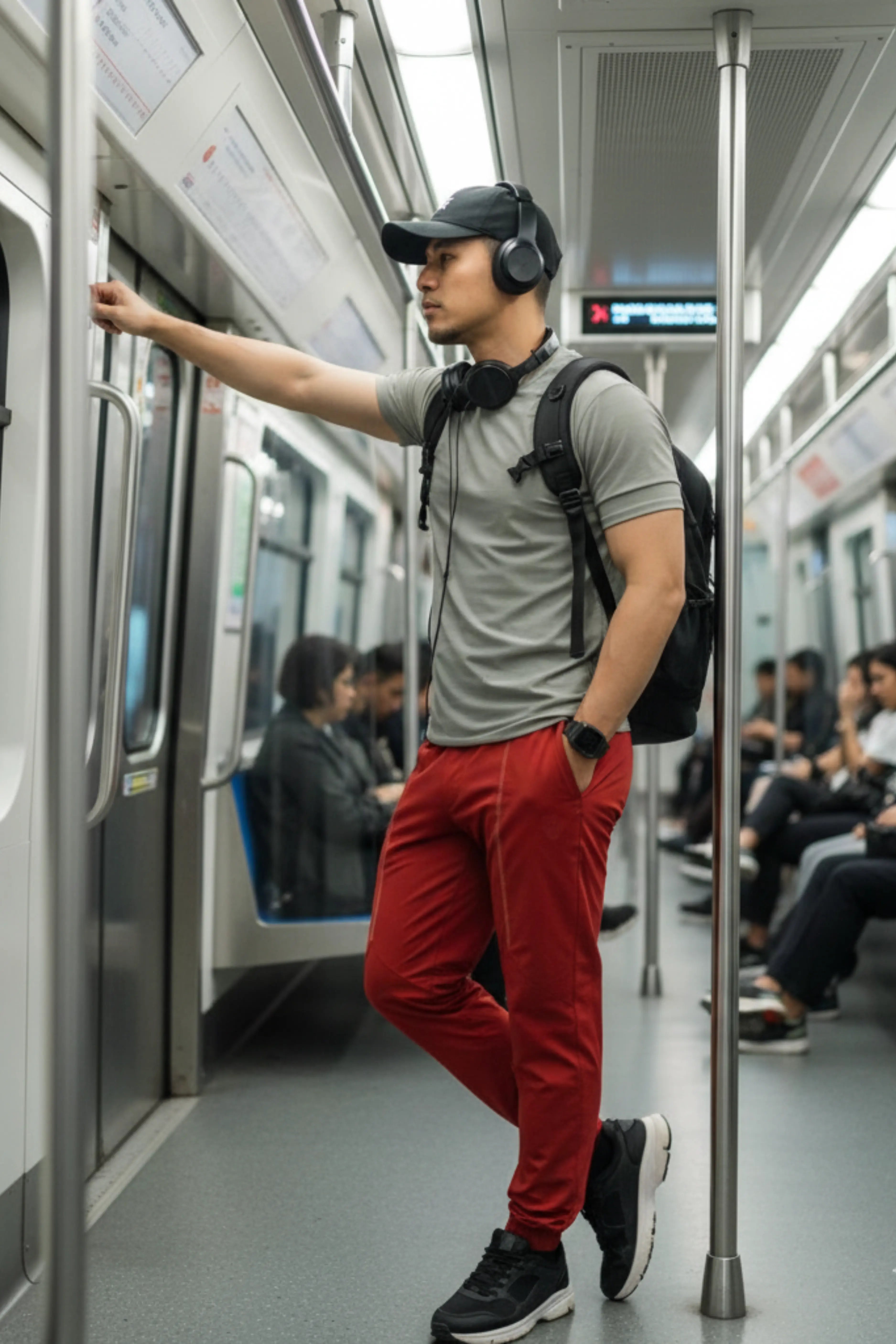 Man with headphones and a backpack standing on a subway train