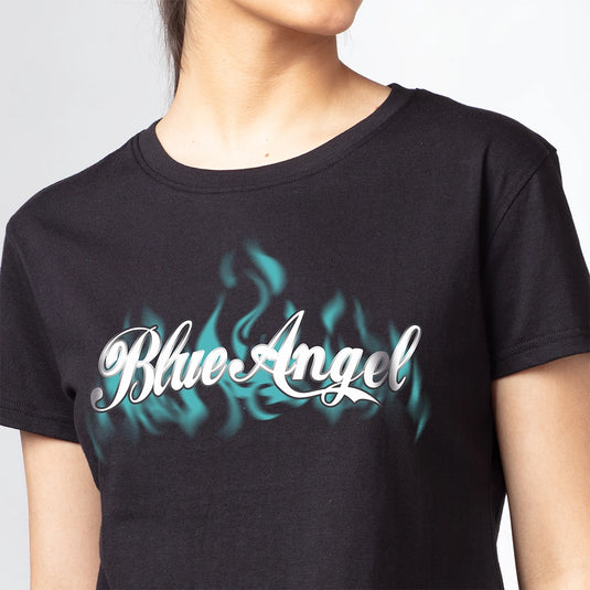 Blue Fire Graphic Printed Black Croptop for Women