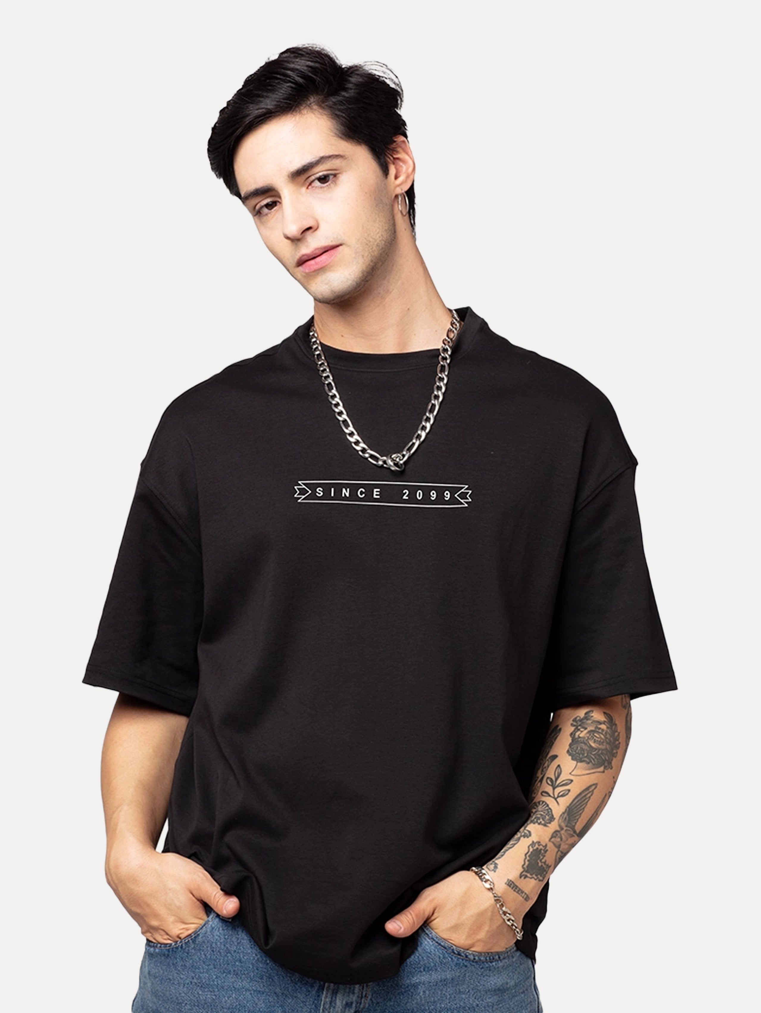 Bog Since 2099 Black Men's Oversized Graphic Printed T-Shirt