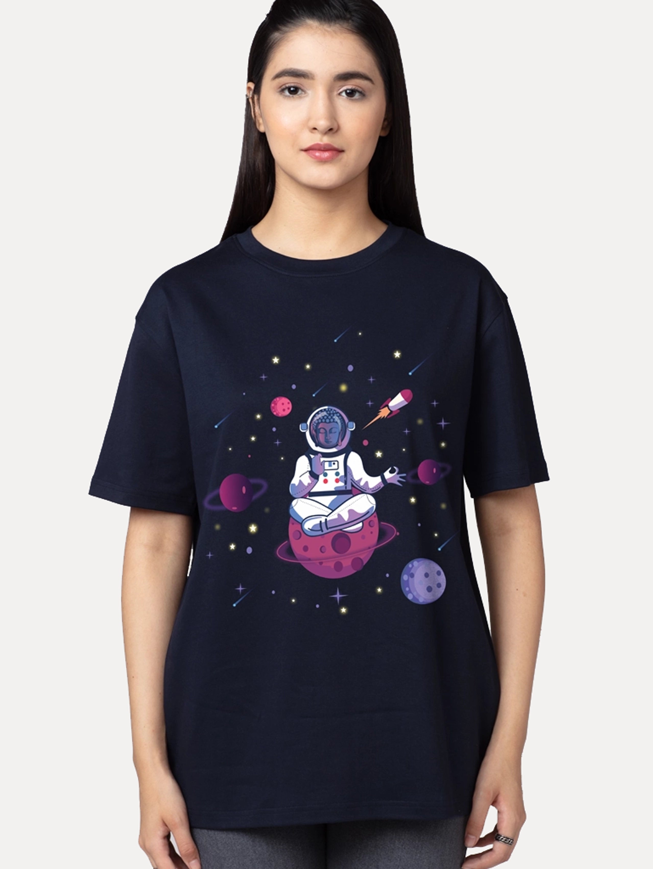 Buddha in Space Oversized Graphic Printed T-Shirt for Women