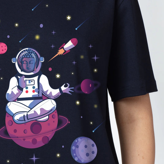 Buddha in Space Oversized Graphic Printed T-Shirt for Women