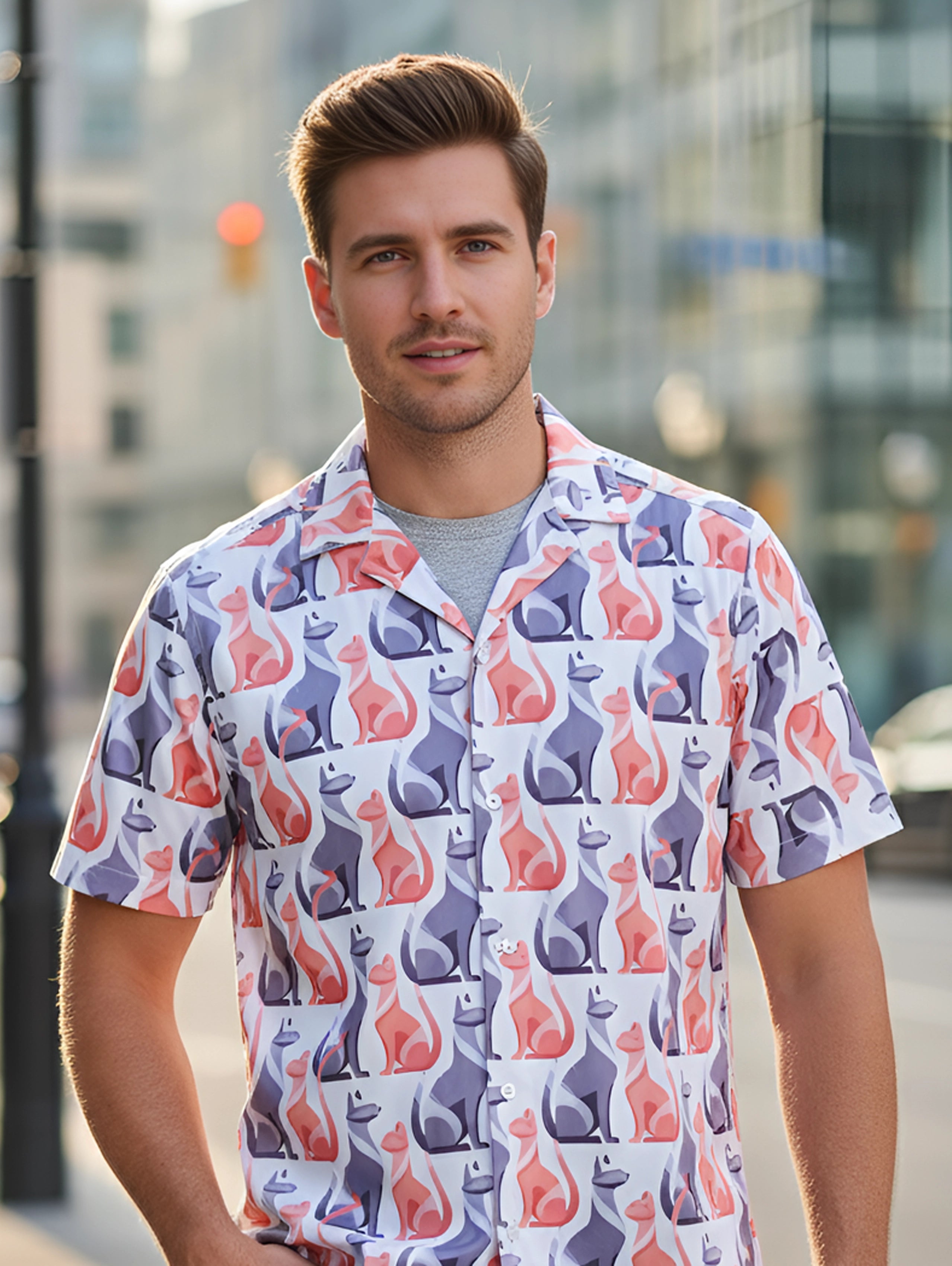 Cat Print Cuban Collar Shirt