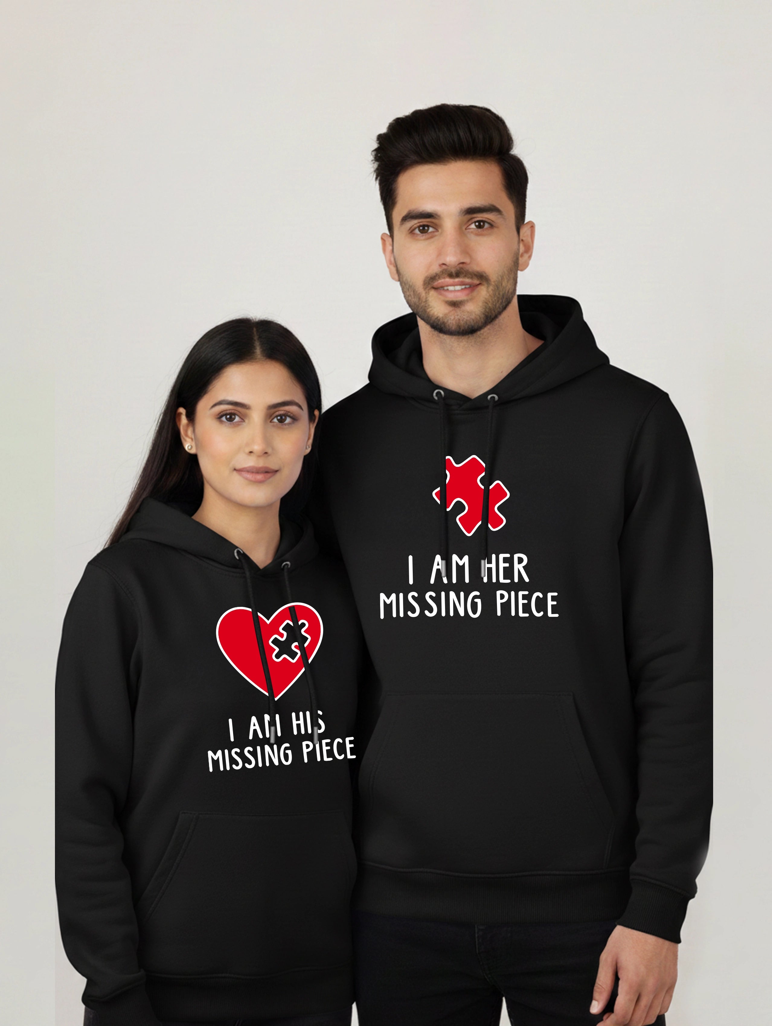 I Am His Missing Piece & I Am Her Missing Piece Matching Couple Hoodies - Black