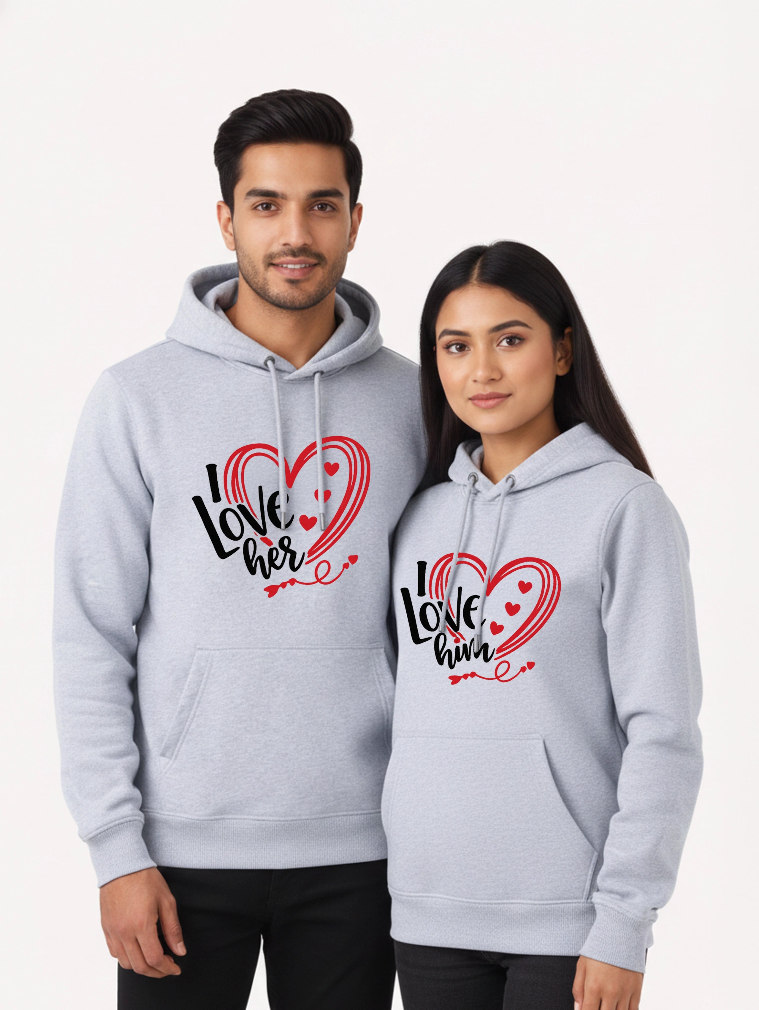 I Love Her & I Love Him Matching Couple Hoodies - Grey Melange