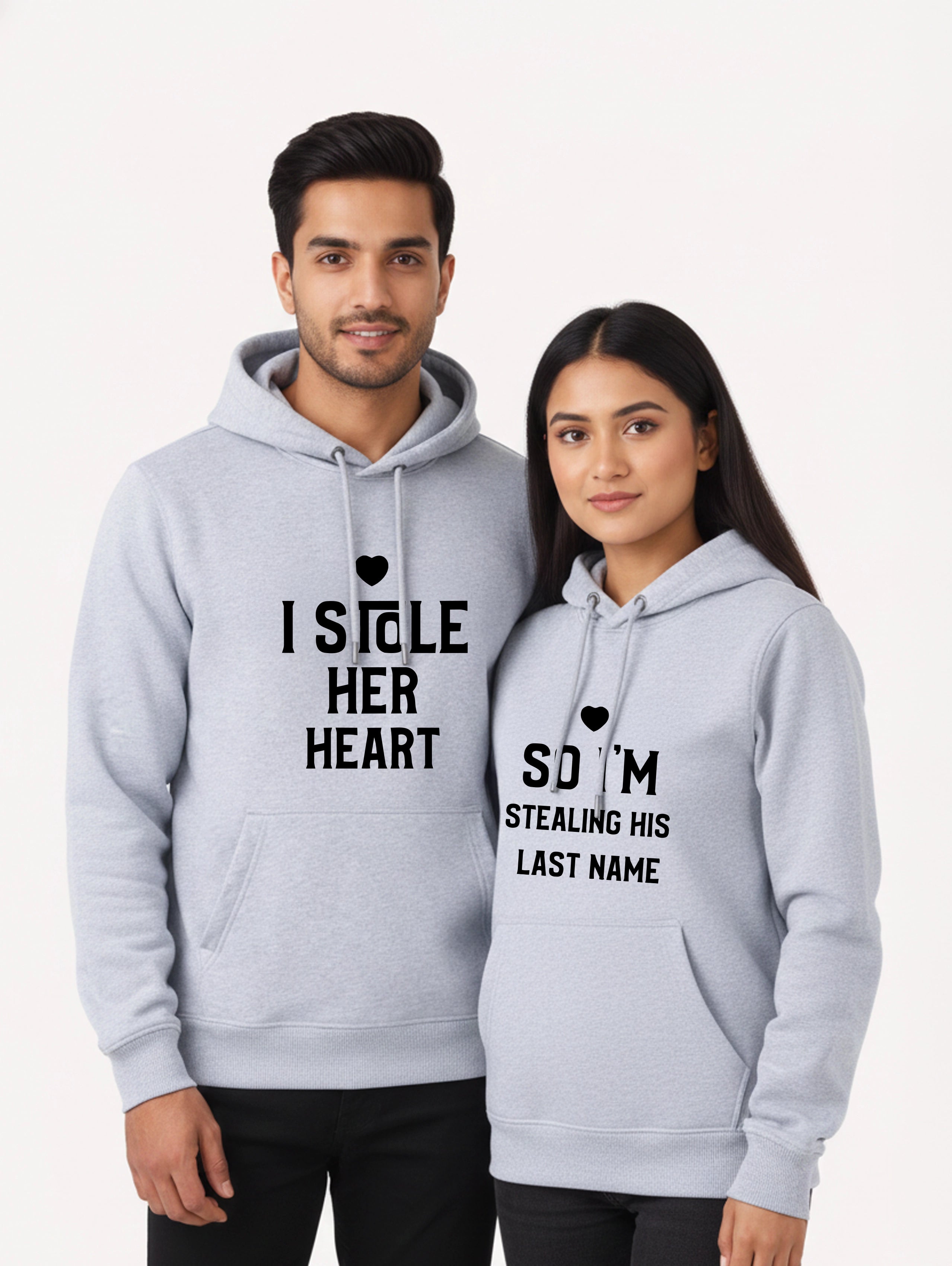 I Stole Her Heart & So I'm Stealing His Last Name Matching Couple Hoodies - Grey Melange
