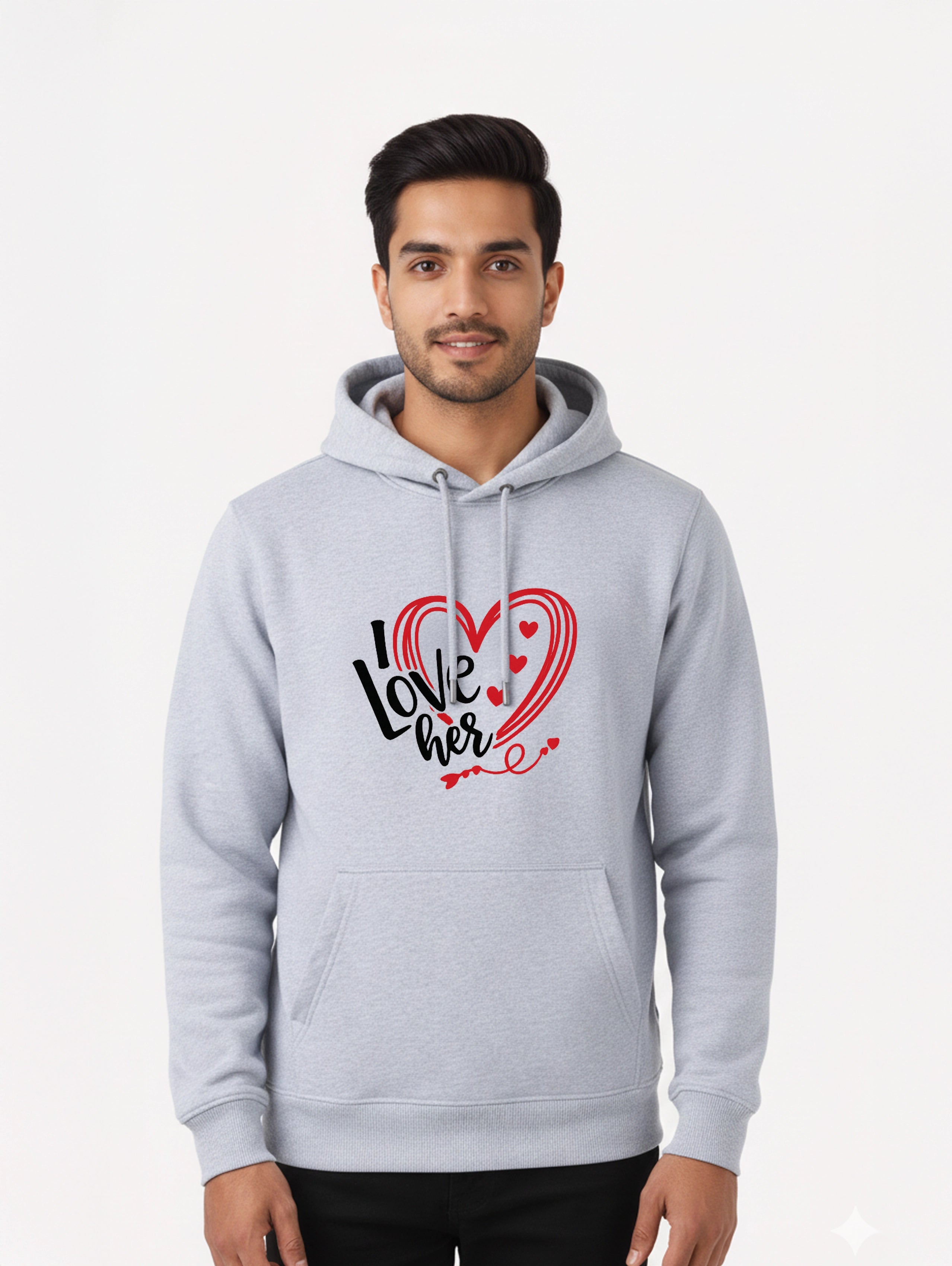 I Love Her & I Love Him Matching Couple Hoodies - Grey Melange