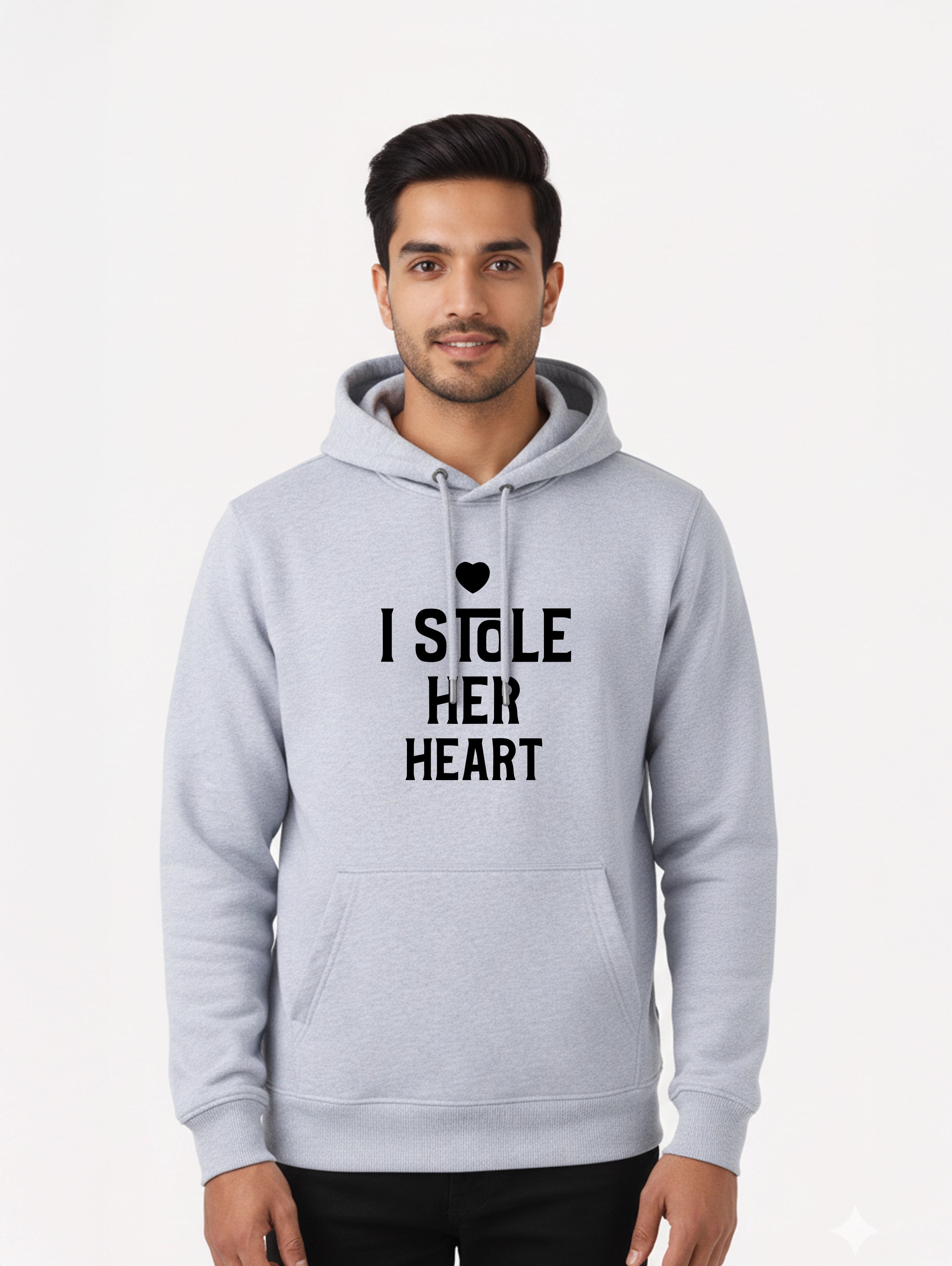 I Stole Her Heart & So I'm Stealing His Last Name Matching Couple Hoodies - Grey Melange