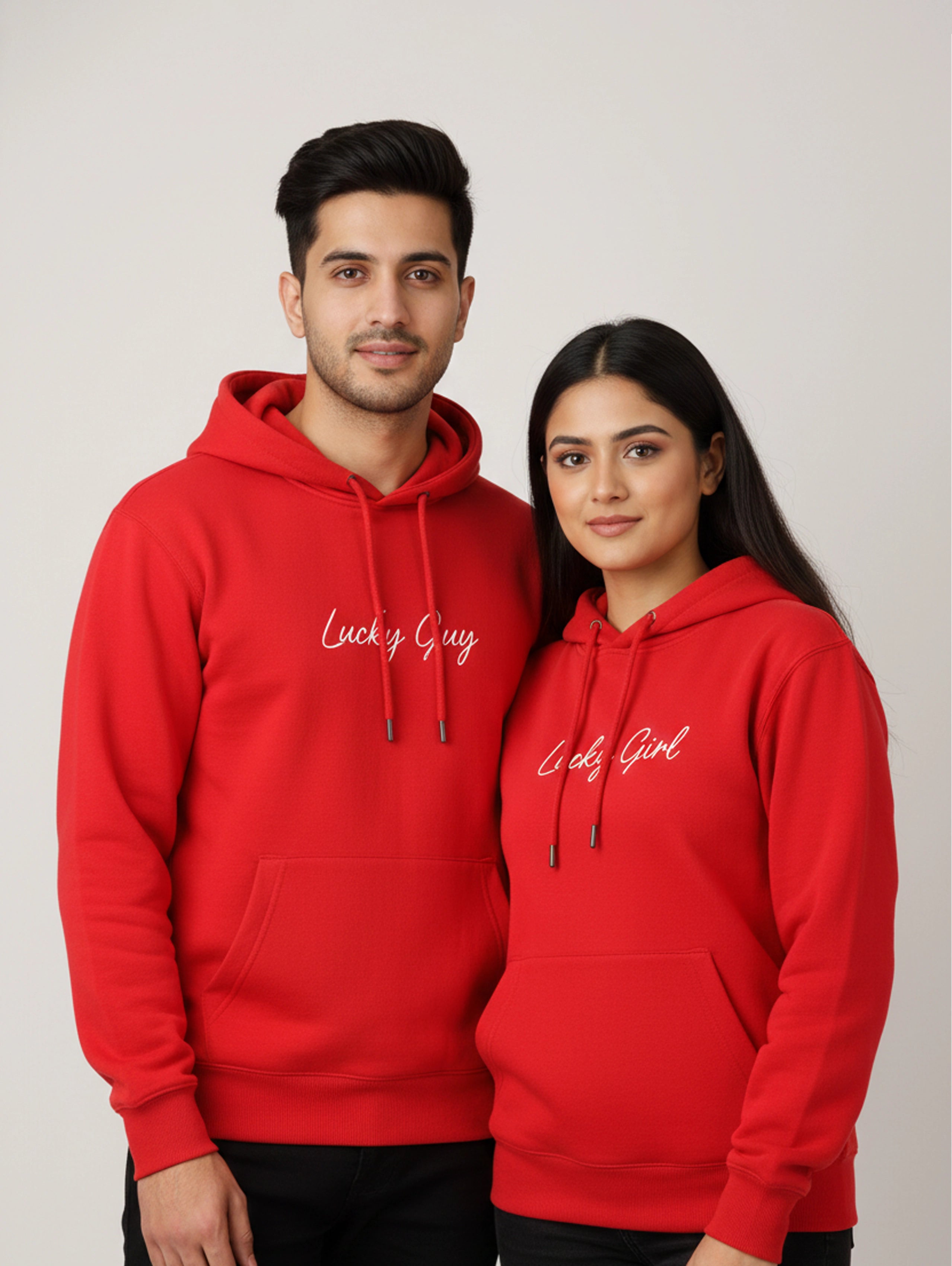 Lucky Guy & Lucky Girl Matching Couple Hoodies - Red