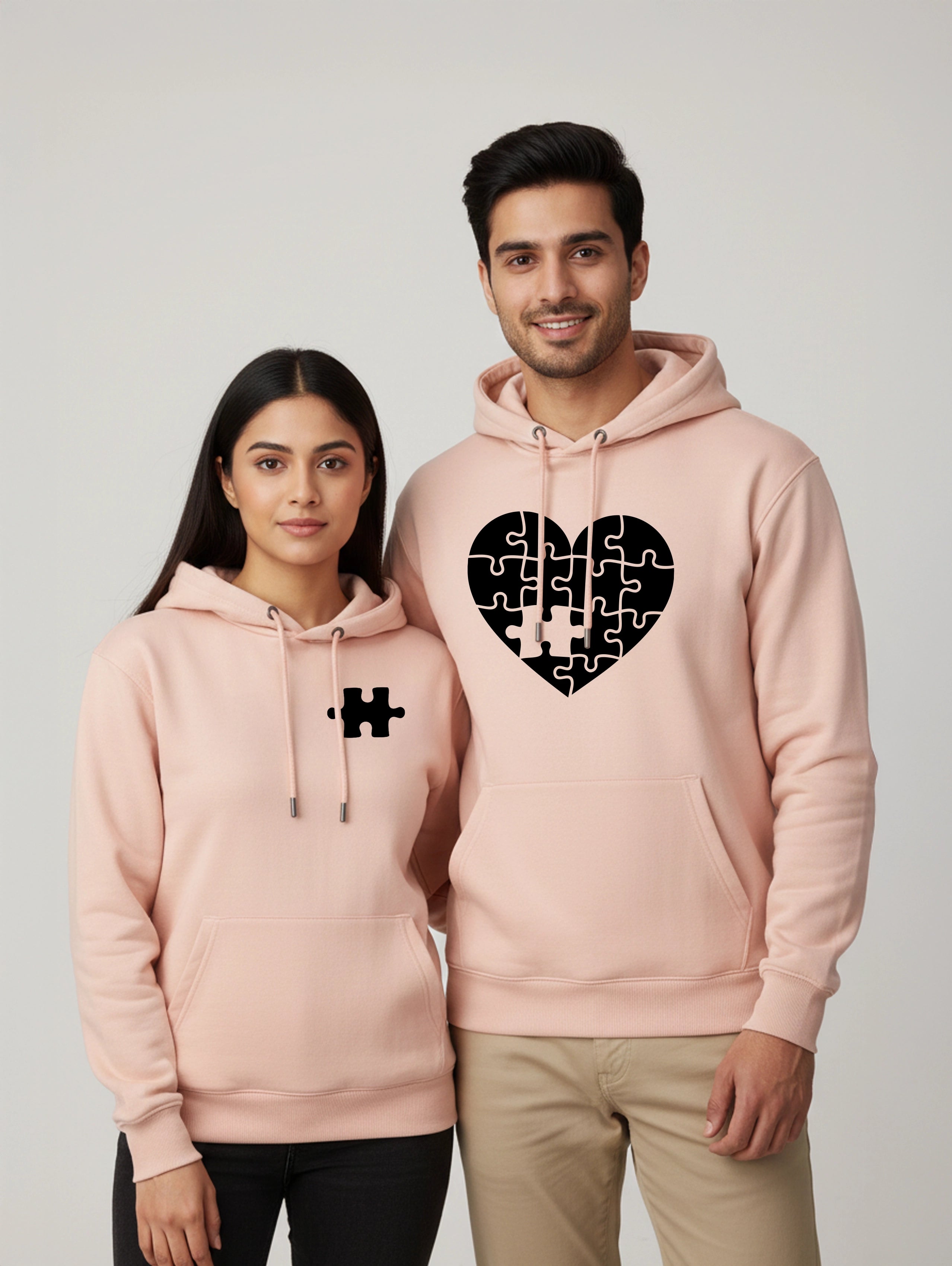 Matching Heart Puzzle Couple Hoodies - Soft Pink