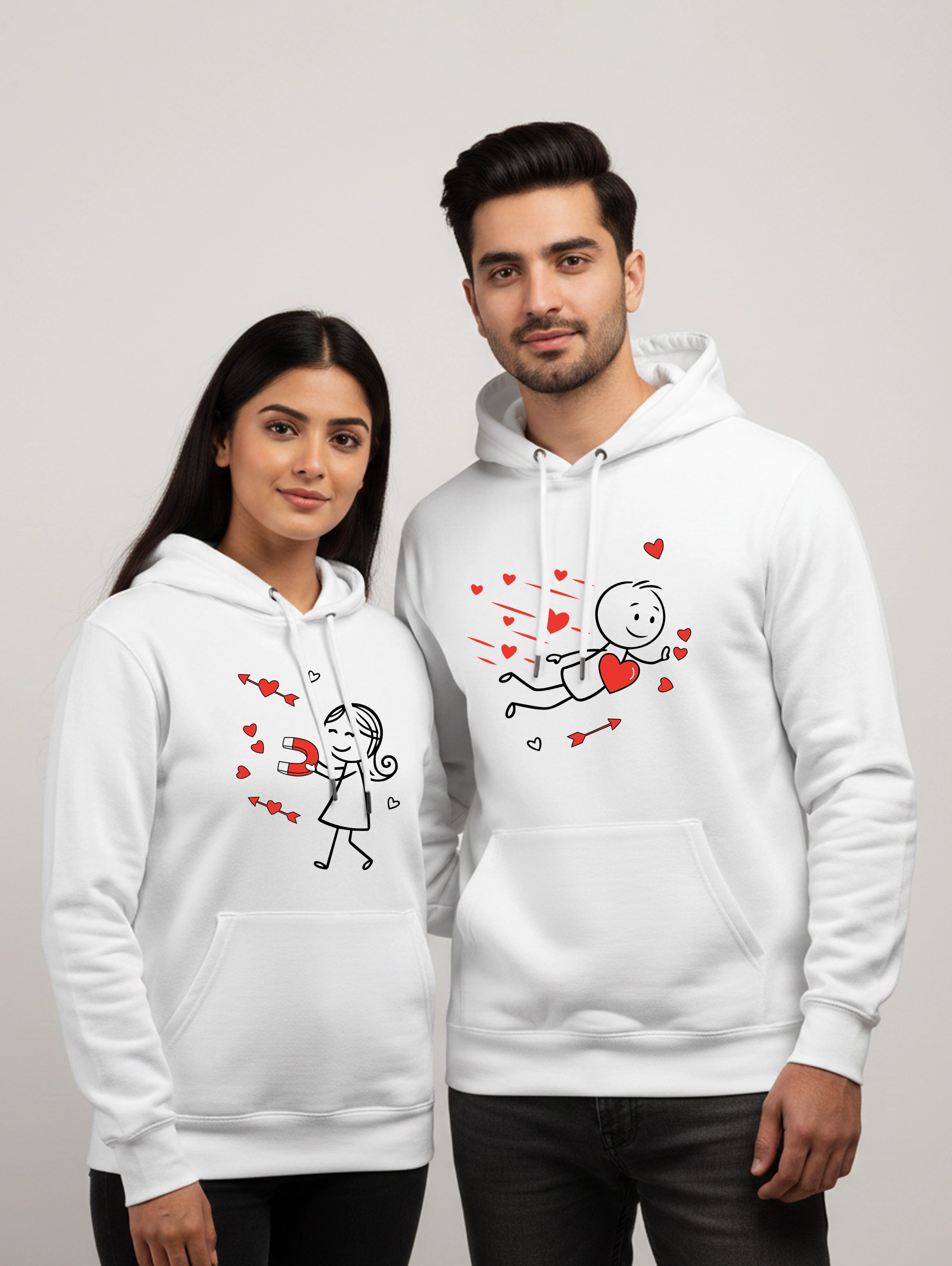 Heart Magnet Stick Couple Matching Couple Hoodies - White