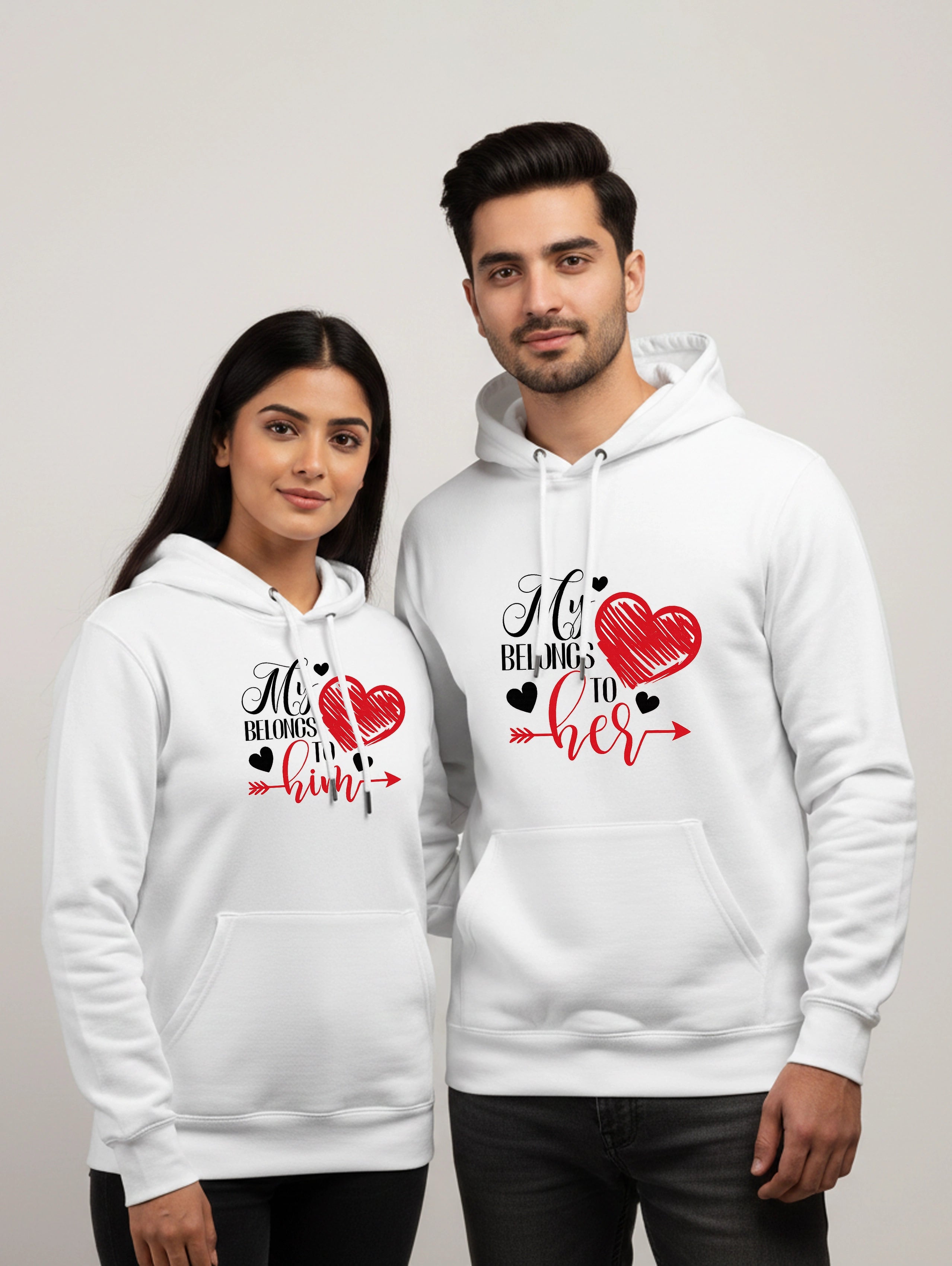 My Heart Belongs to Him & Her Matching Couple Hoodies - White
