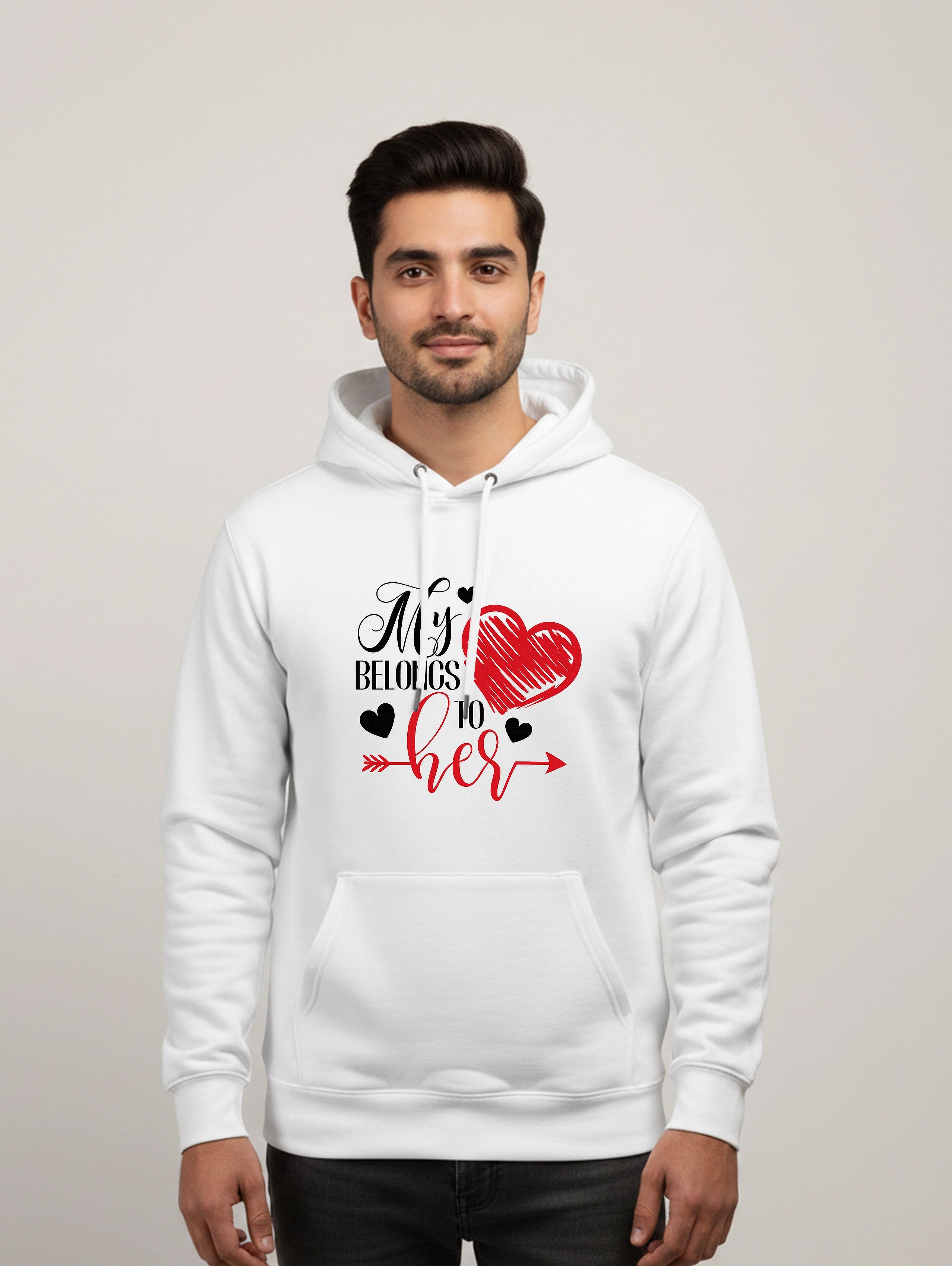 My Heart Belongs to Him & Her Matching Couple Hoodies - White