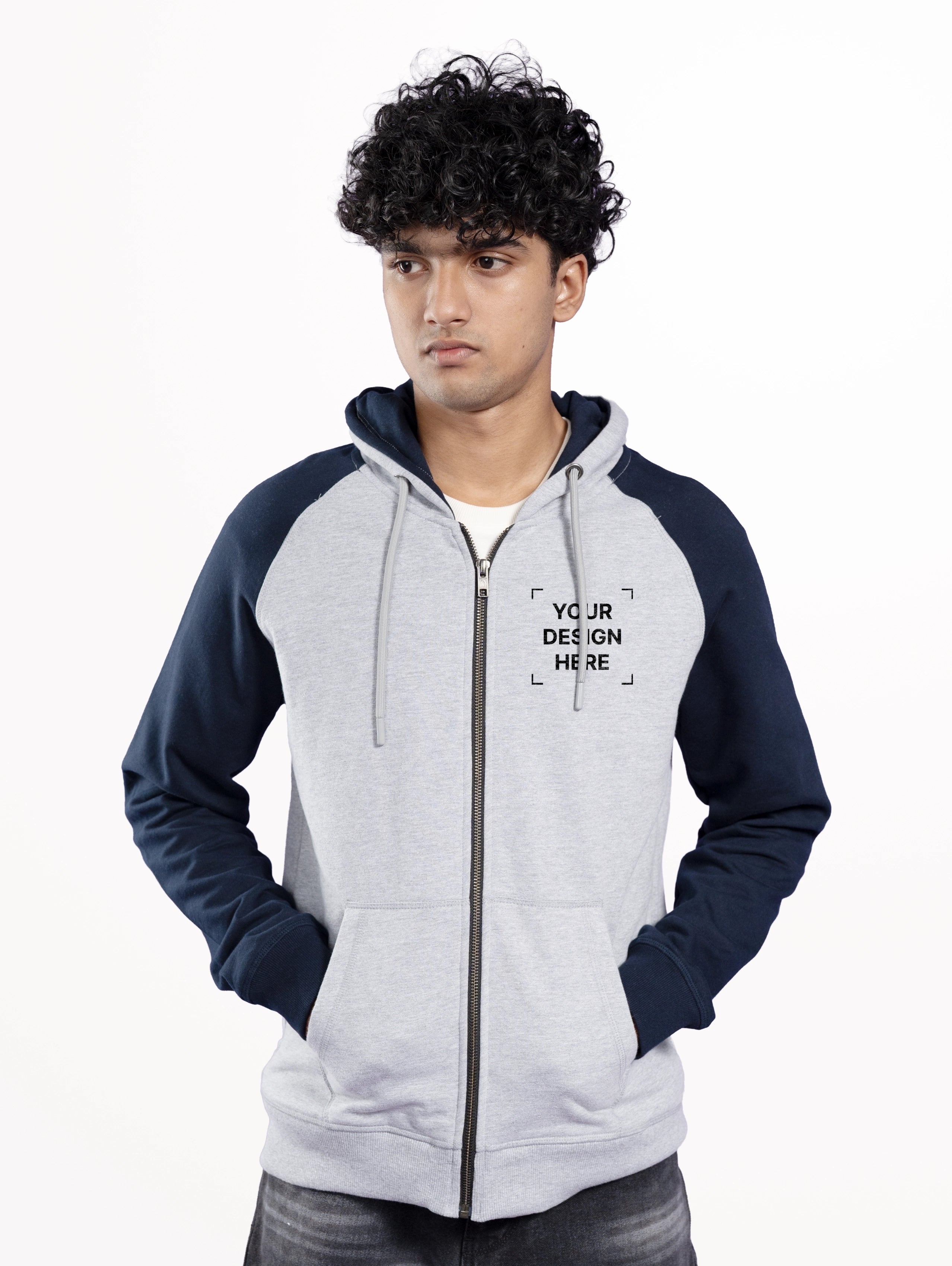 Custom Men’s Classic Raglan Sleeve Zipper Hoodie - Grey Melange