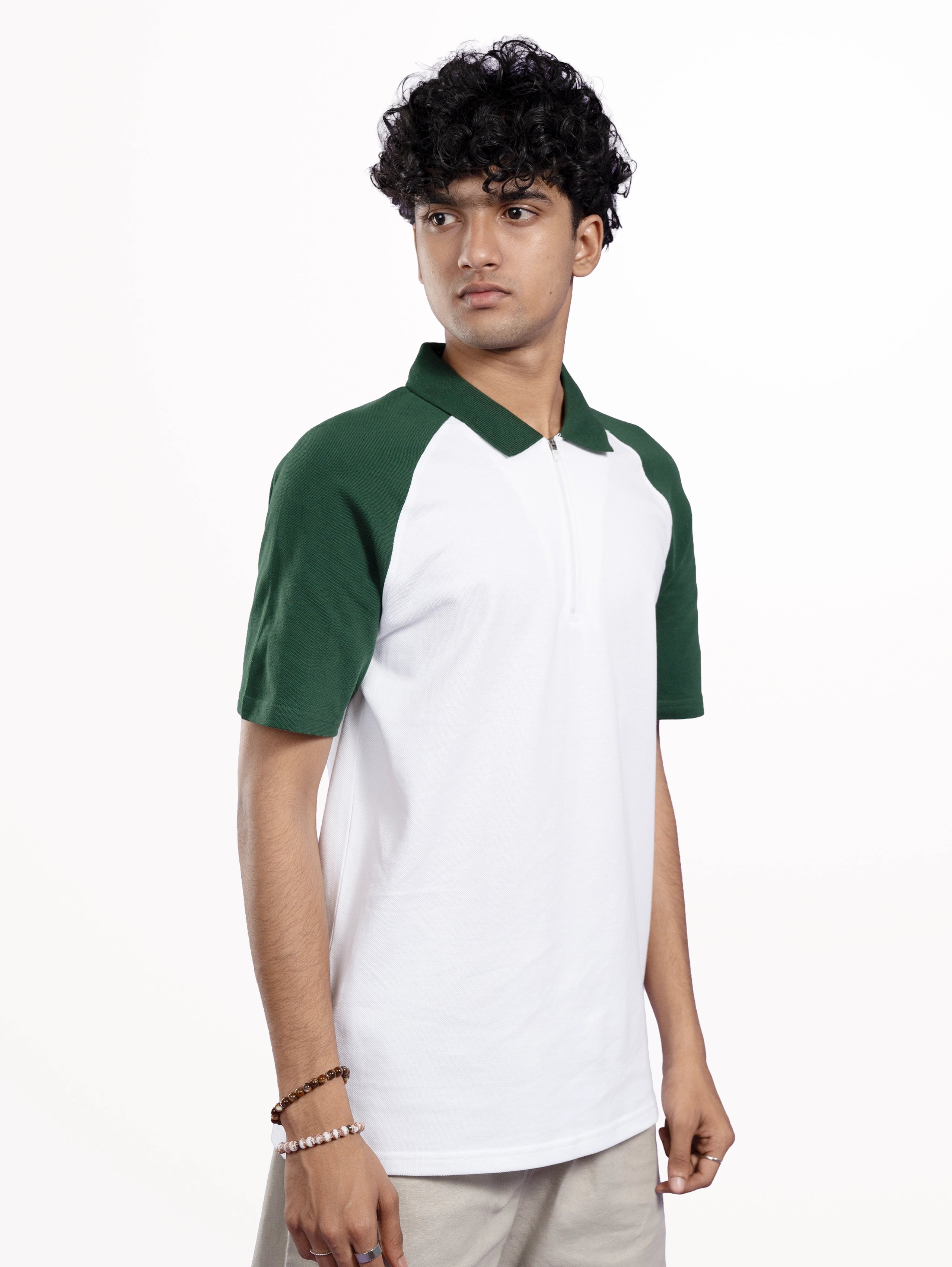 Men's Cotton Raglan Sleeve Cotton Zipper Polo - White