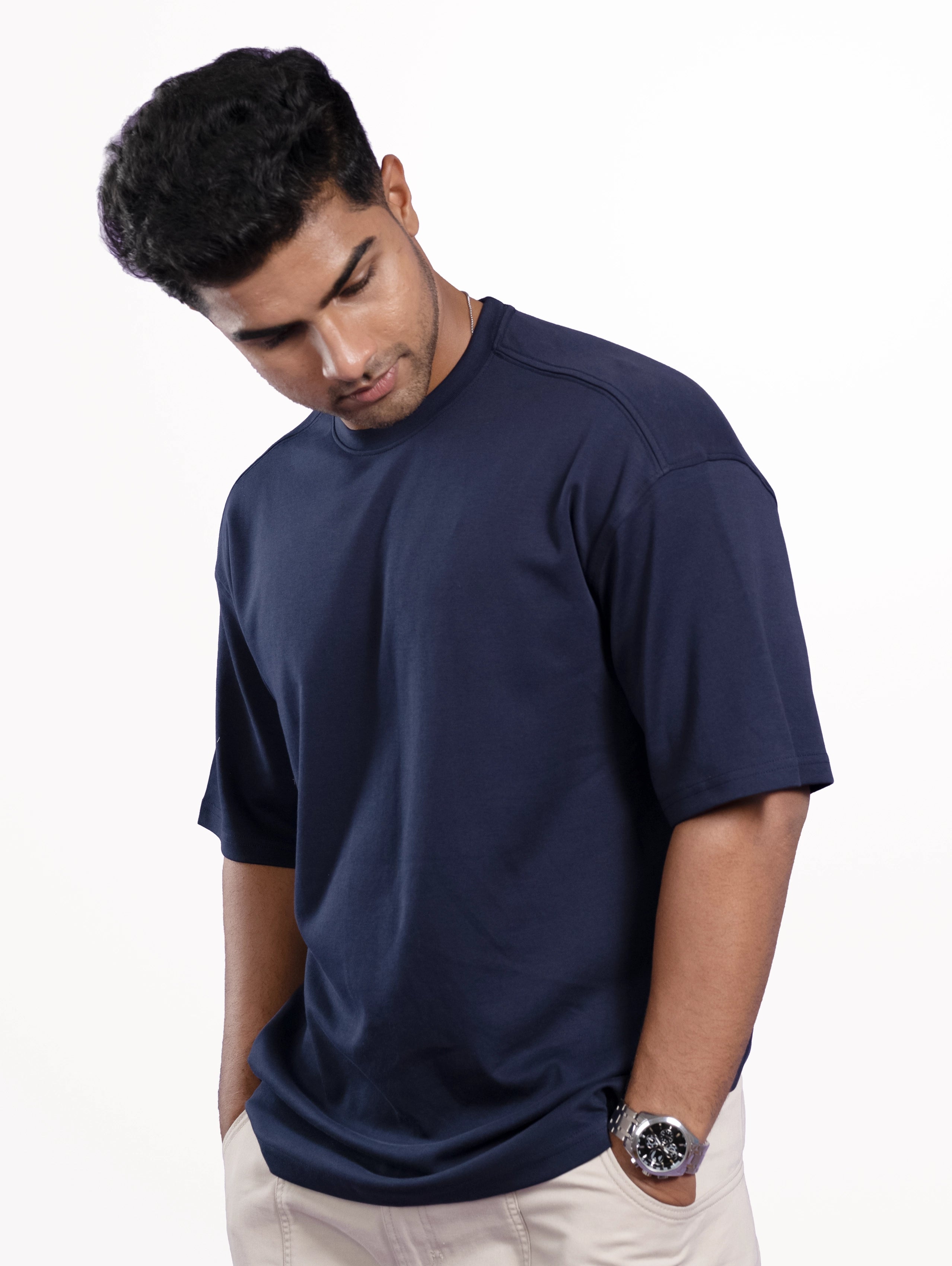 Custom Men’s Cotton Everyday Wear Oversized Round Neck Half Sleeve T-Shirt - Navy