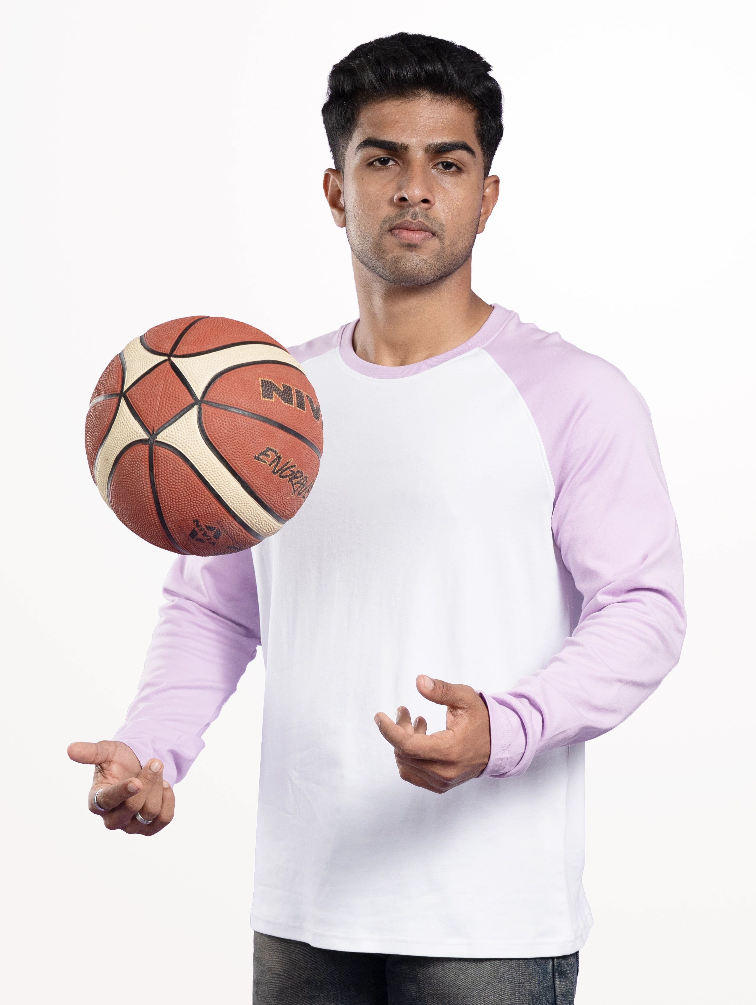 Custom Men’s Cotton Everyday Wear Raglan Round Neck Full Sleeve T-Shirt - White