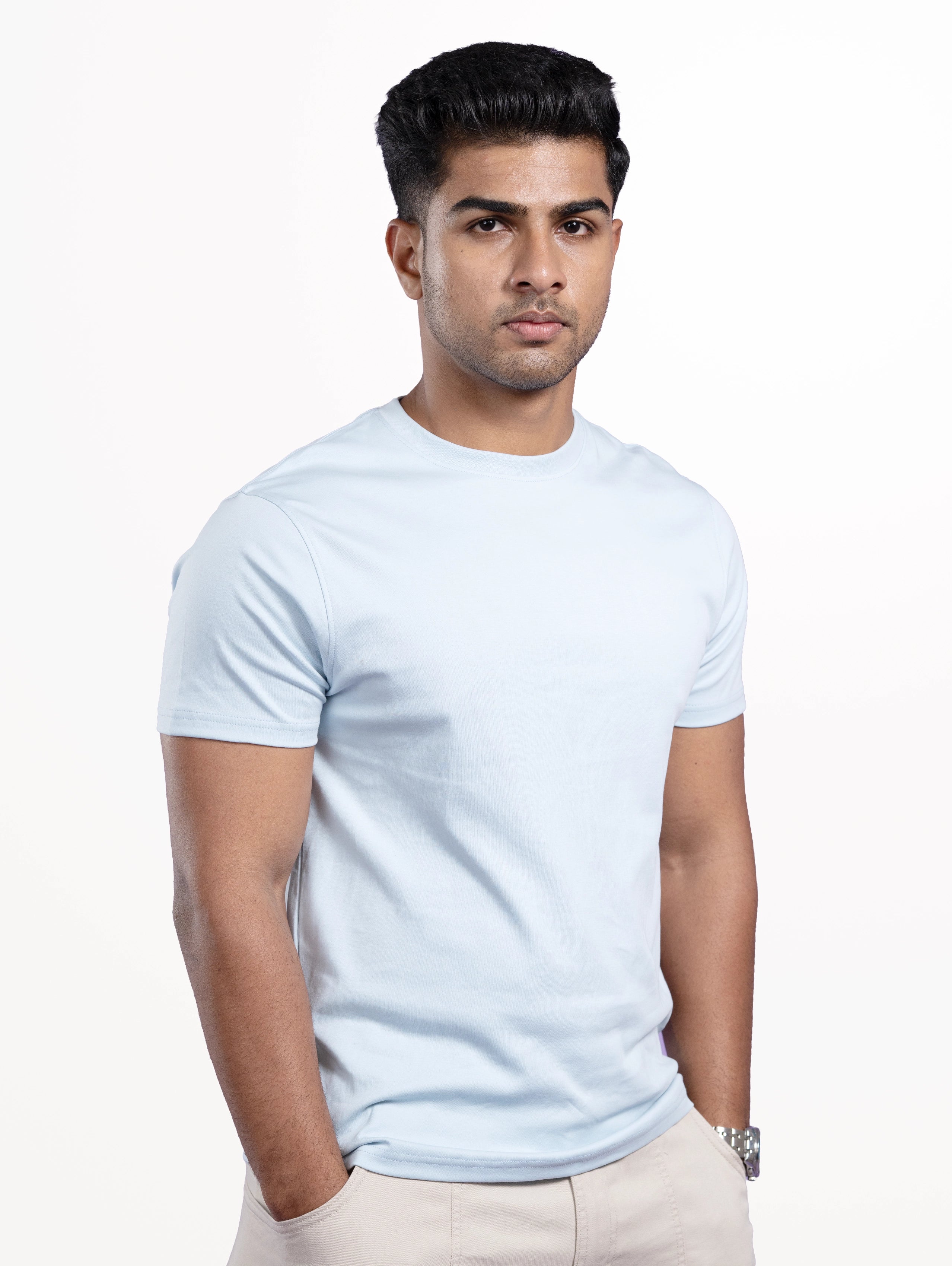 Custom Men’s Cotton Everyday Wear Round Neck Half Sleeve T-Shirt - Light Blue