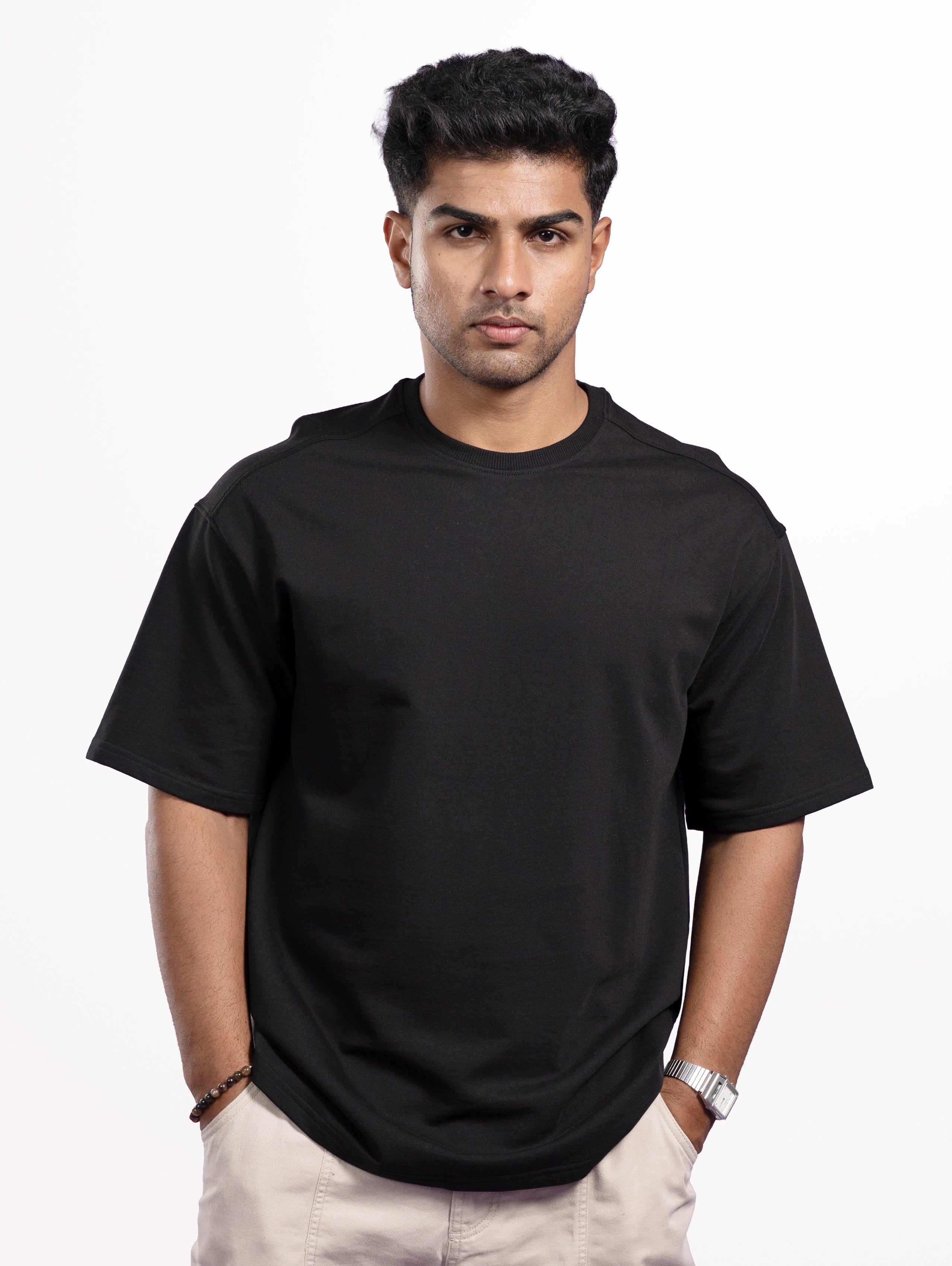 Custom Men’s Cozy Knit Oversized Round Neck Half Sleeve T-Shirt - Black