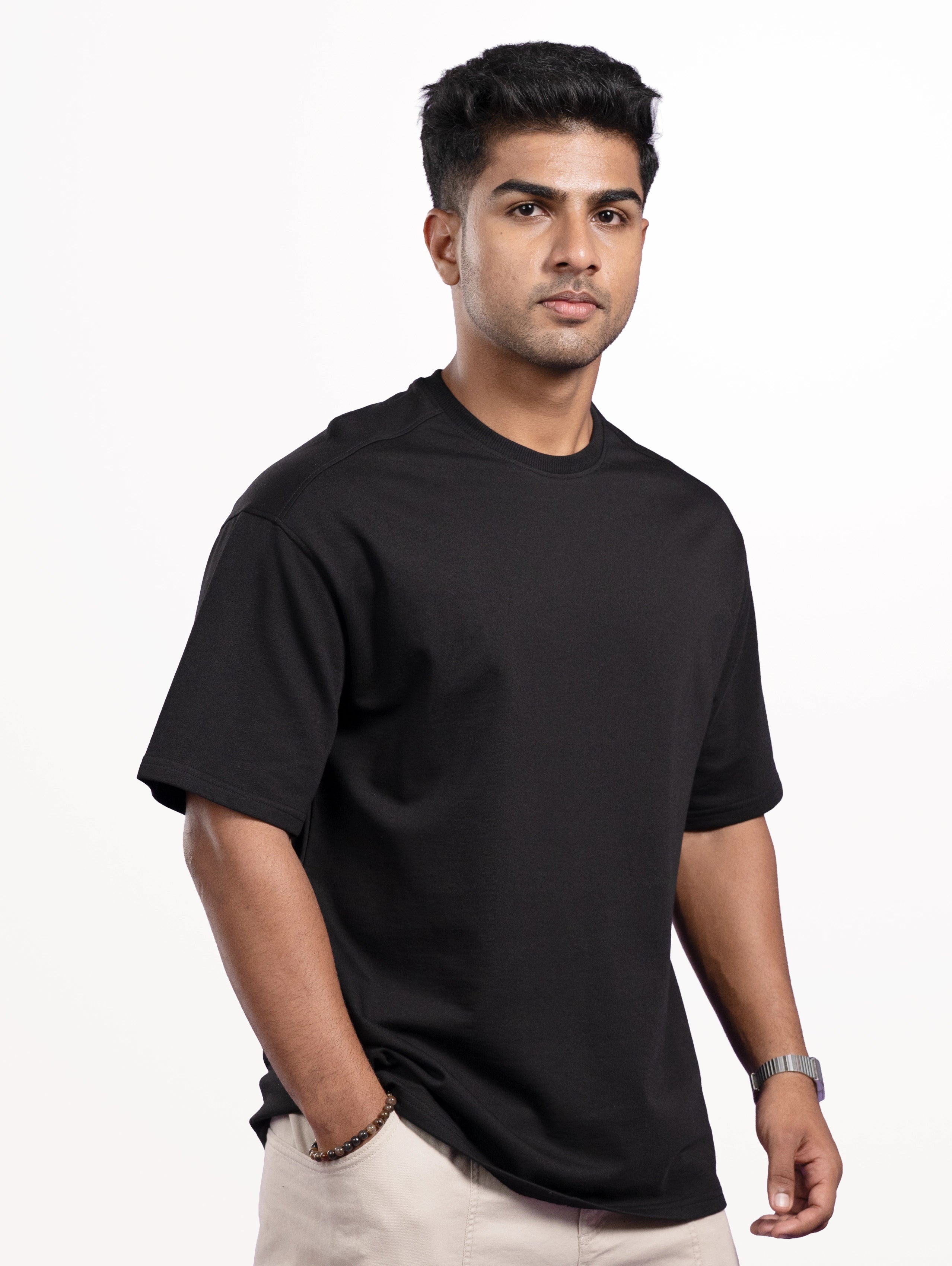 Custom Men’s Cozy Knit Oversized Round Neck Half Sleeve T-Shirt - Black