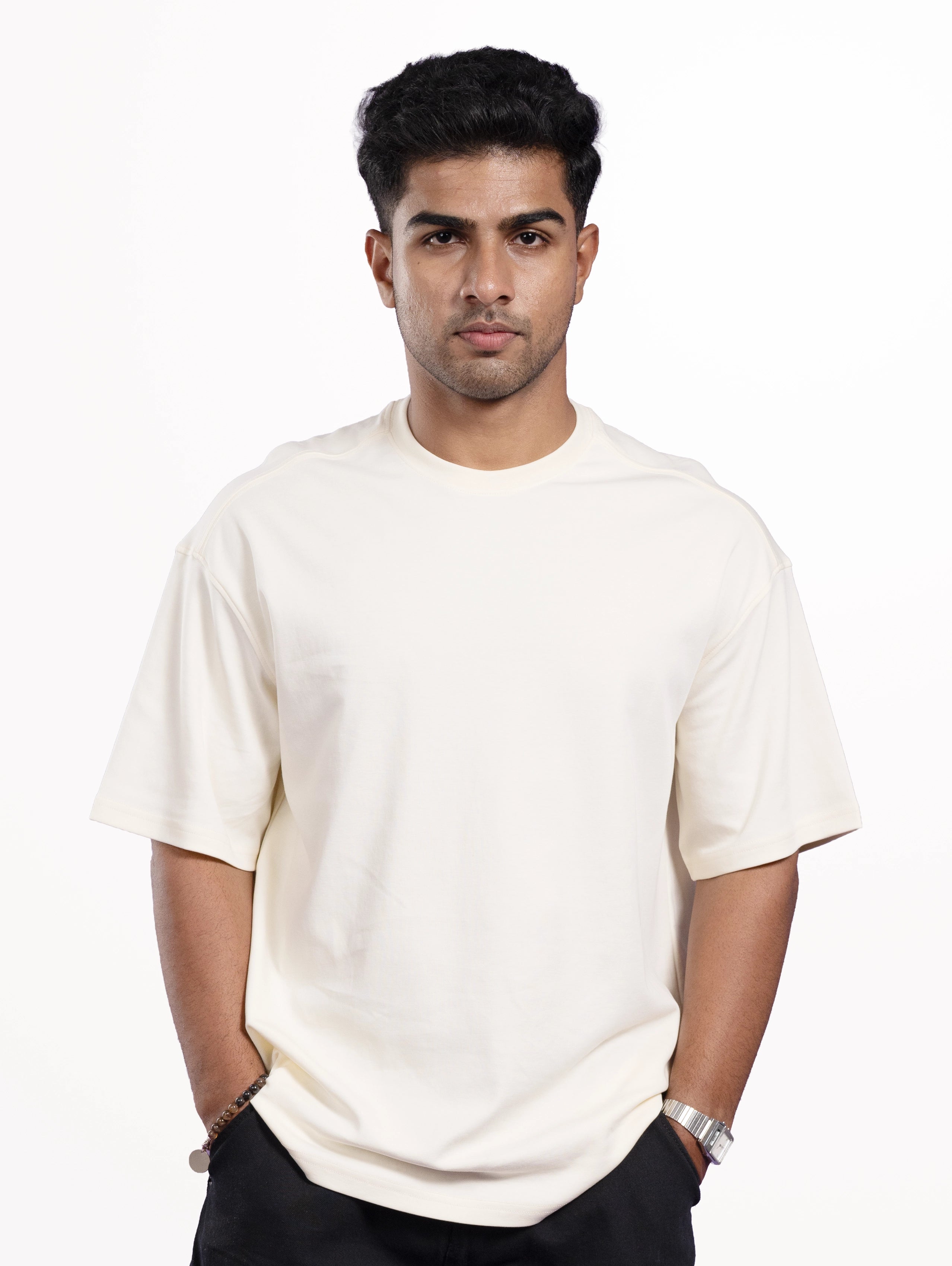 Custom Men’s Cozy Knit Oversized Round Neck Half Sleeve T-Shirt - Off White