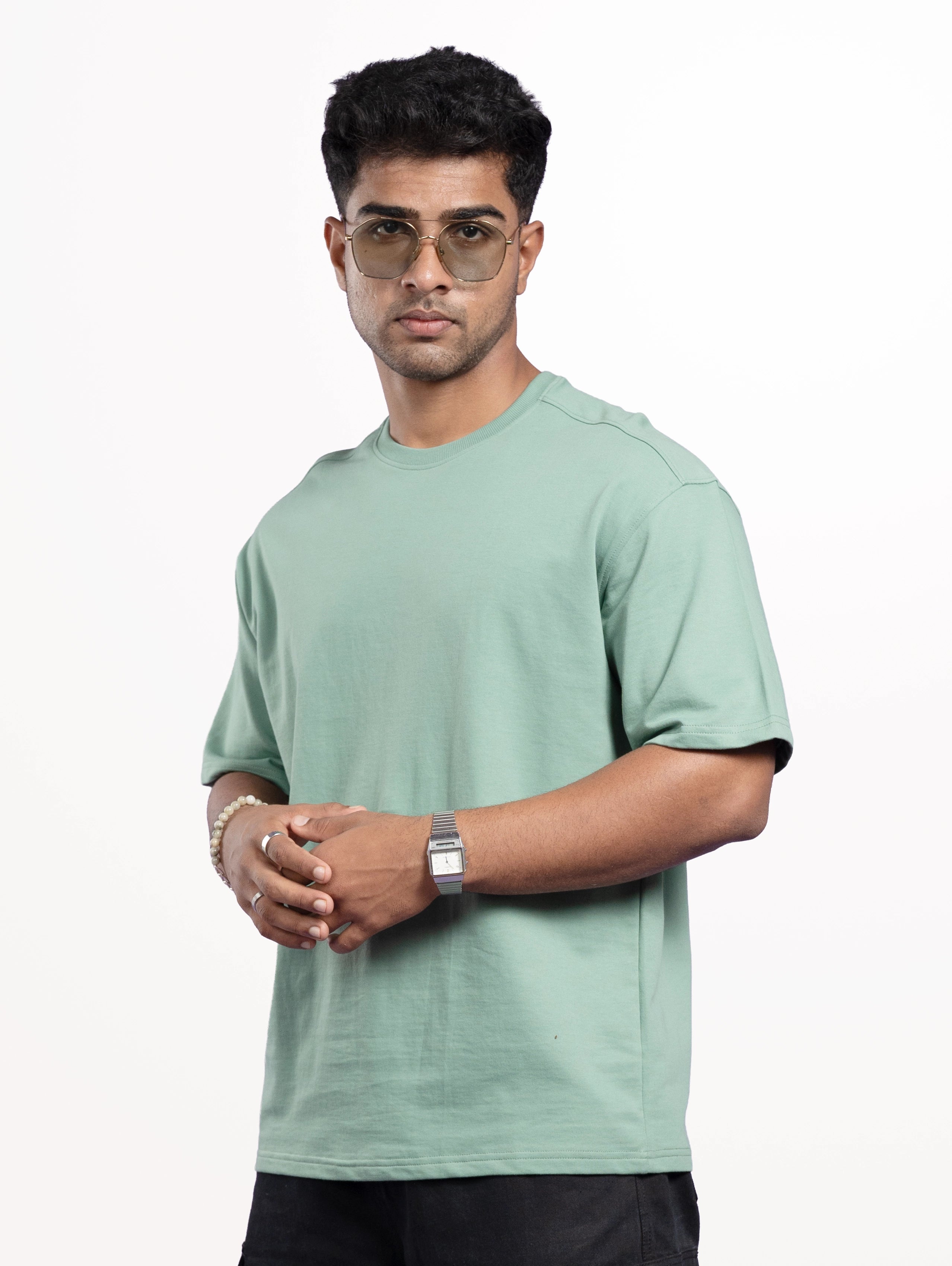 Custom Men’s Cozy Knit Oversized Round Neck Half Sleeve T-Shirt - Pista