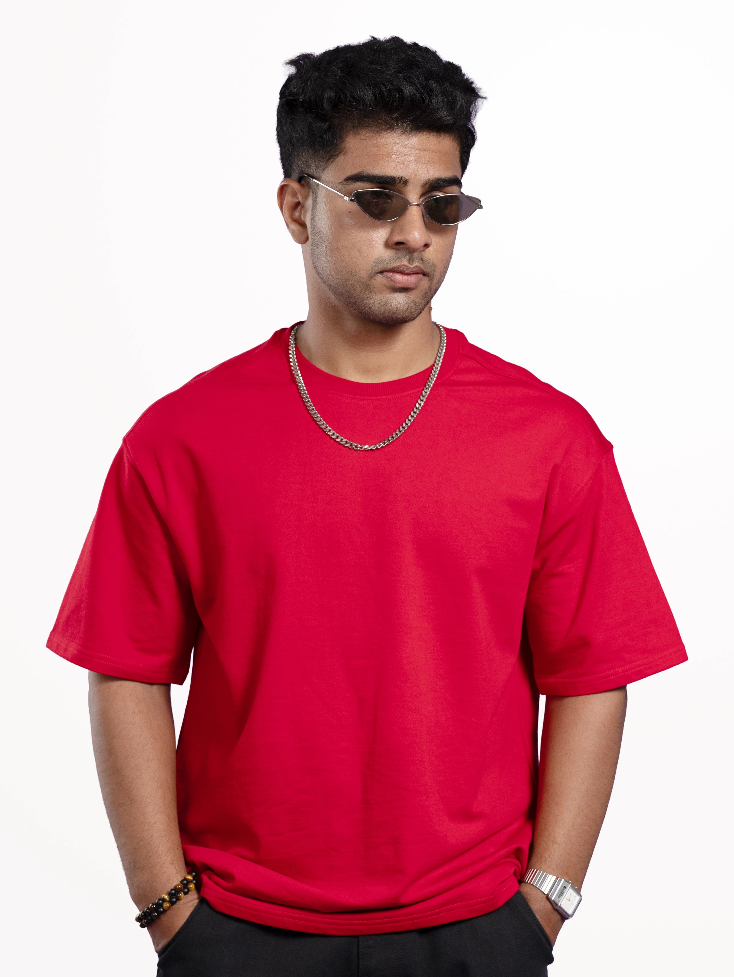 Custom Men’s Cozy Knit Oversized Round Neck Half Sleeve T-Shirt - Red