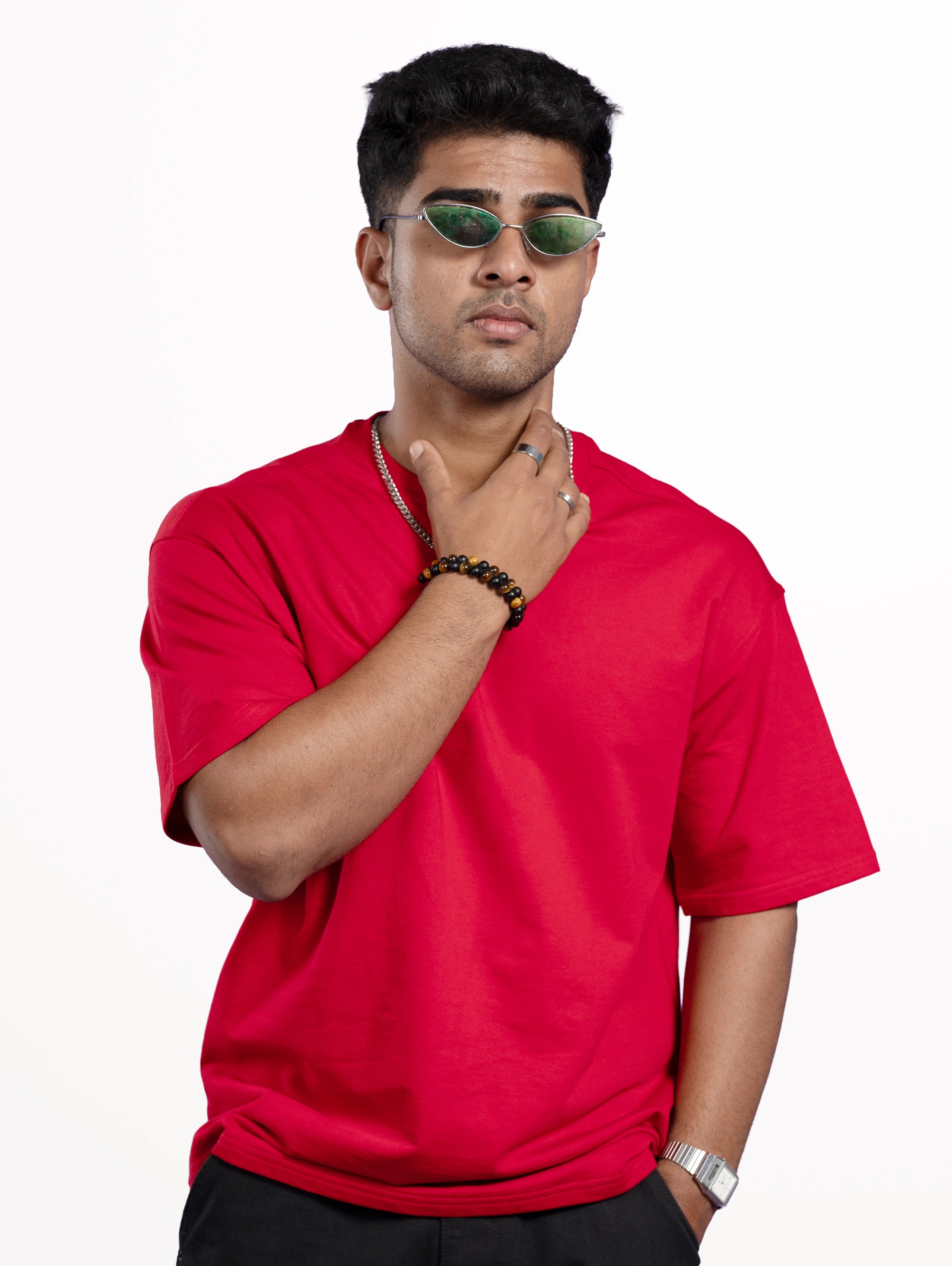 Custom Men’s Cozy Knit Oversized Round Neck Half Sleeve T-Shirt - Red