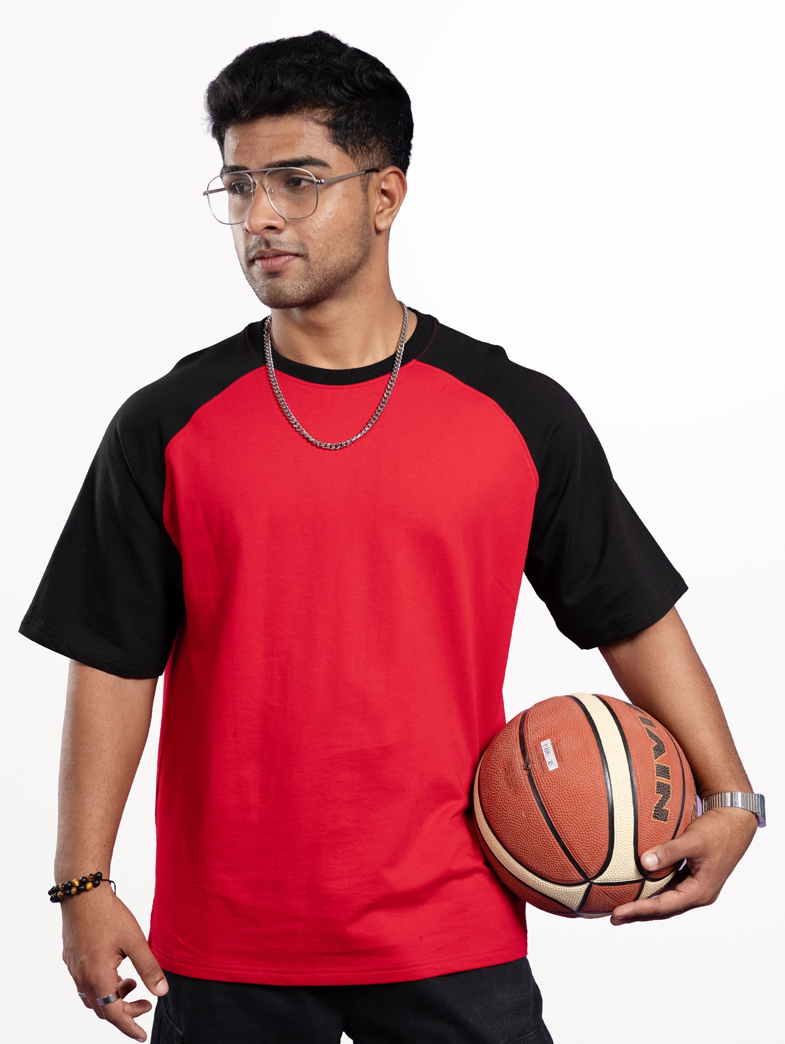 French Terry Raglan Sleeve Oversized T-Shirt - Red