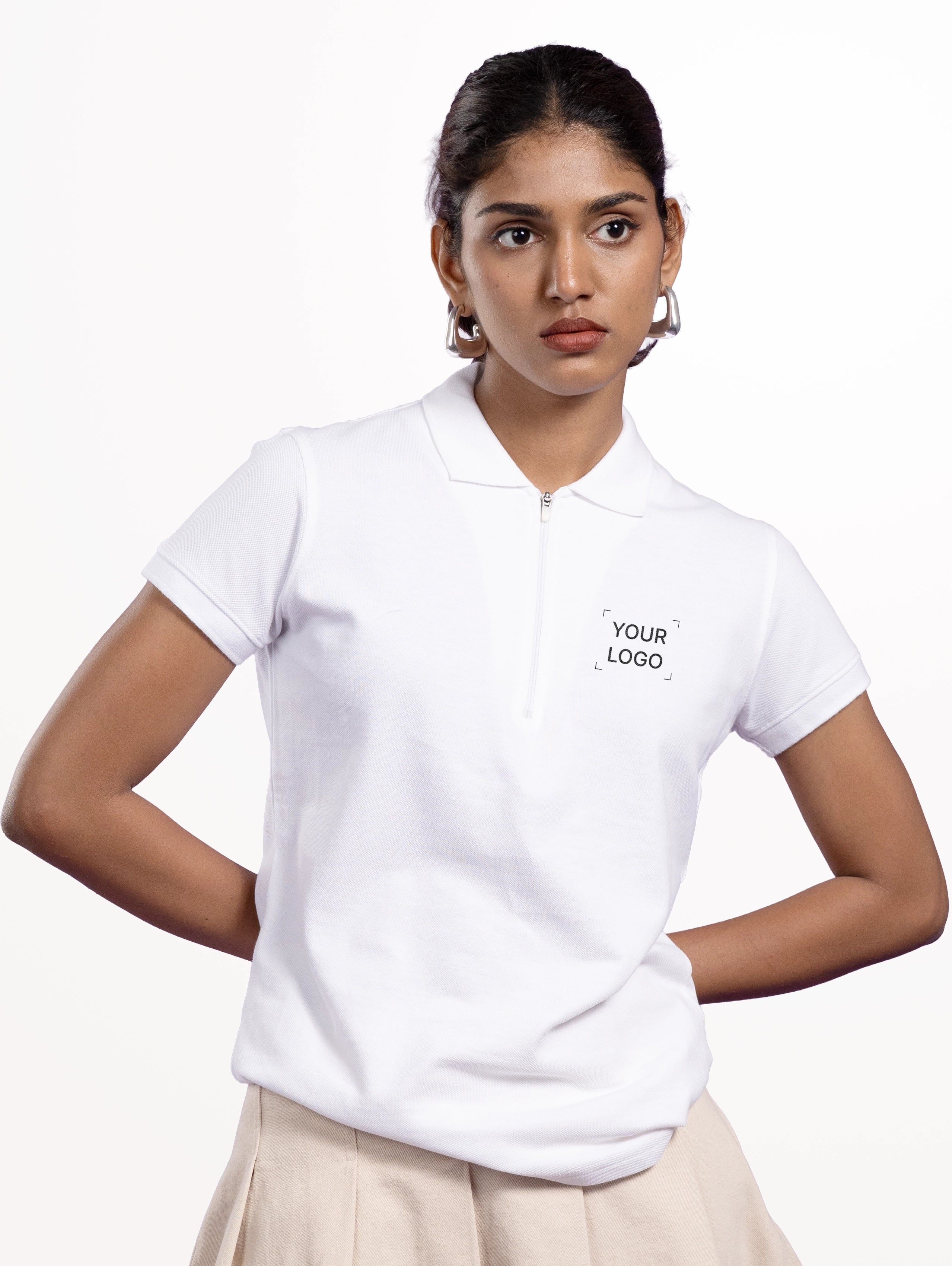 Women's Cotton Zipper Polo - White