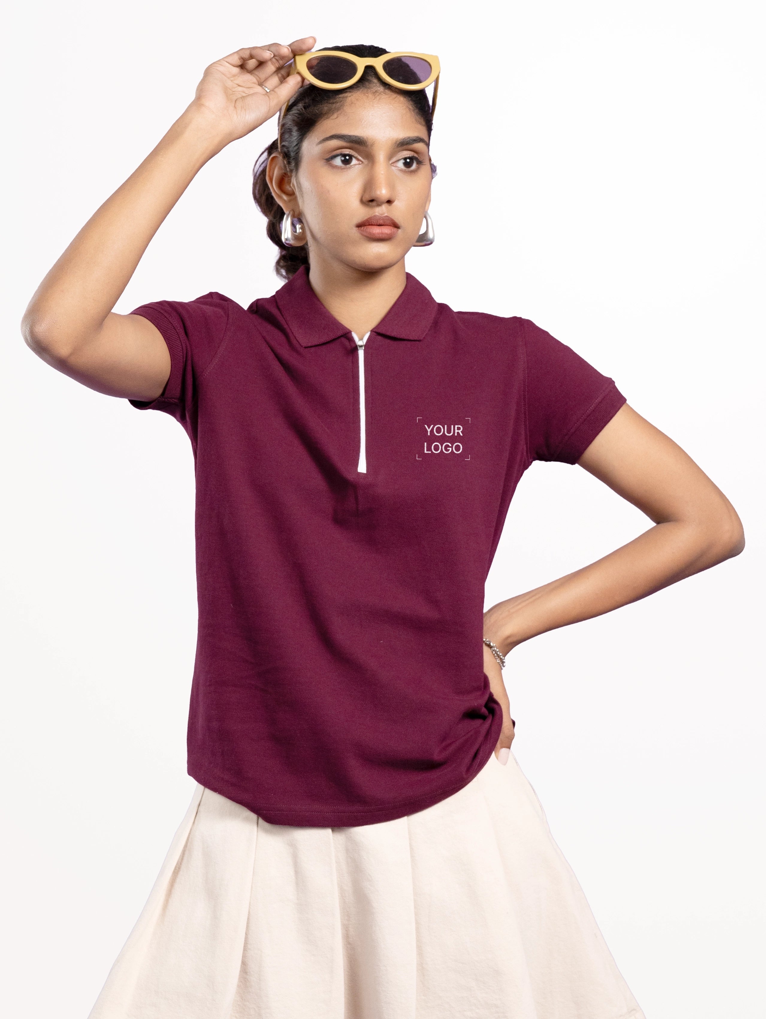 Women's Cotton Zipper Polo - Wine