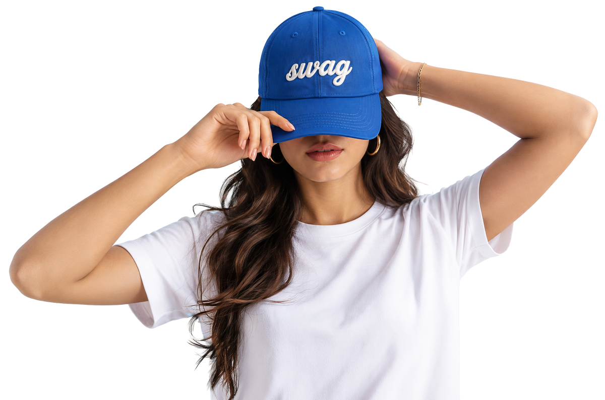 Model wearing a custom blue cap